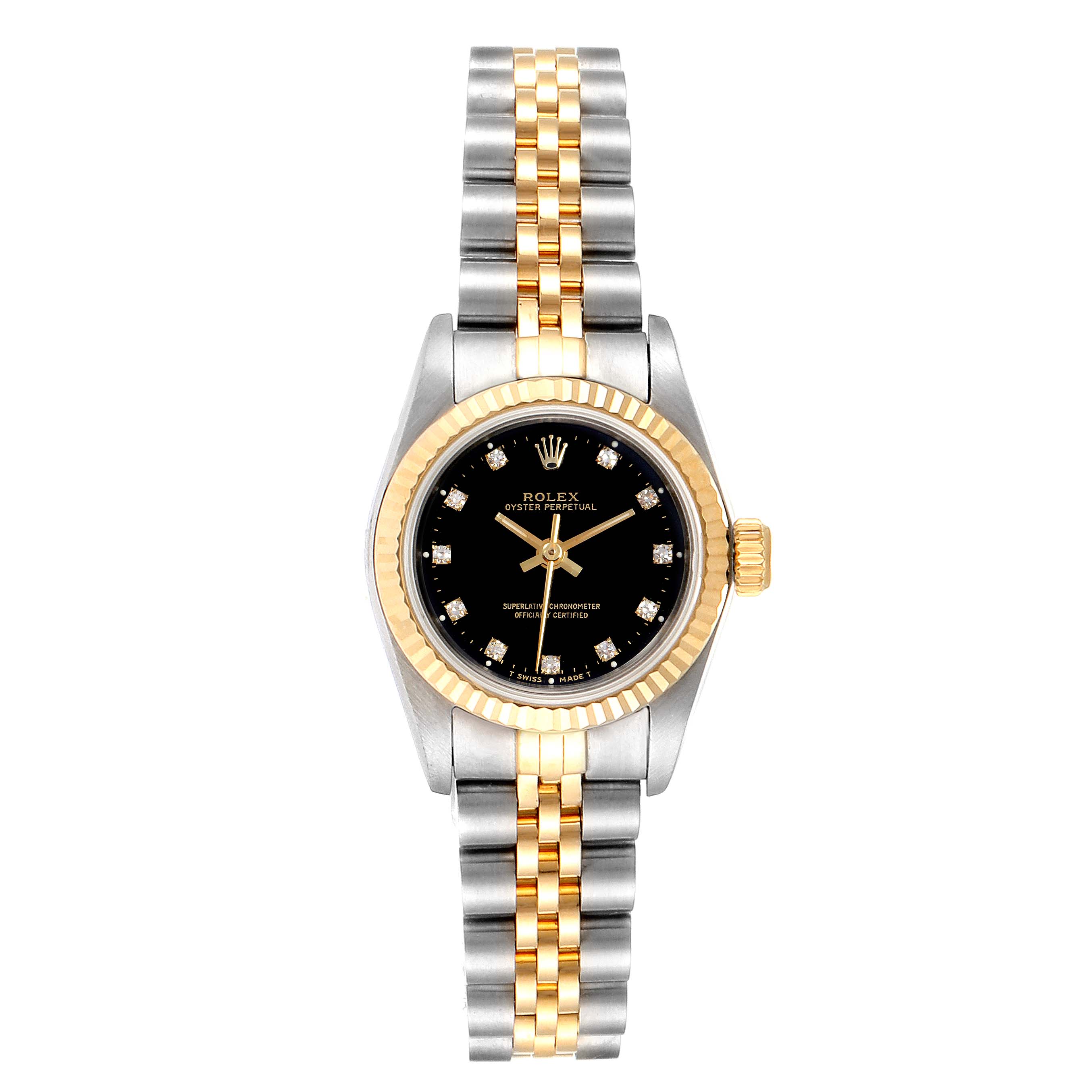 This image shows a front view of a Rolex Oyster Perpetual 67193 Women's Stainless Steel Black Dial 67193 Women's Stainless Steel Black Dial watch with a two-tone gold and silver bracelet and a black dial.