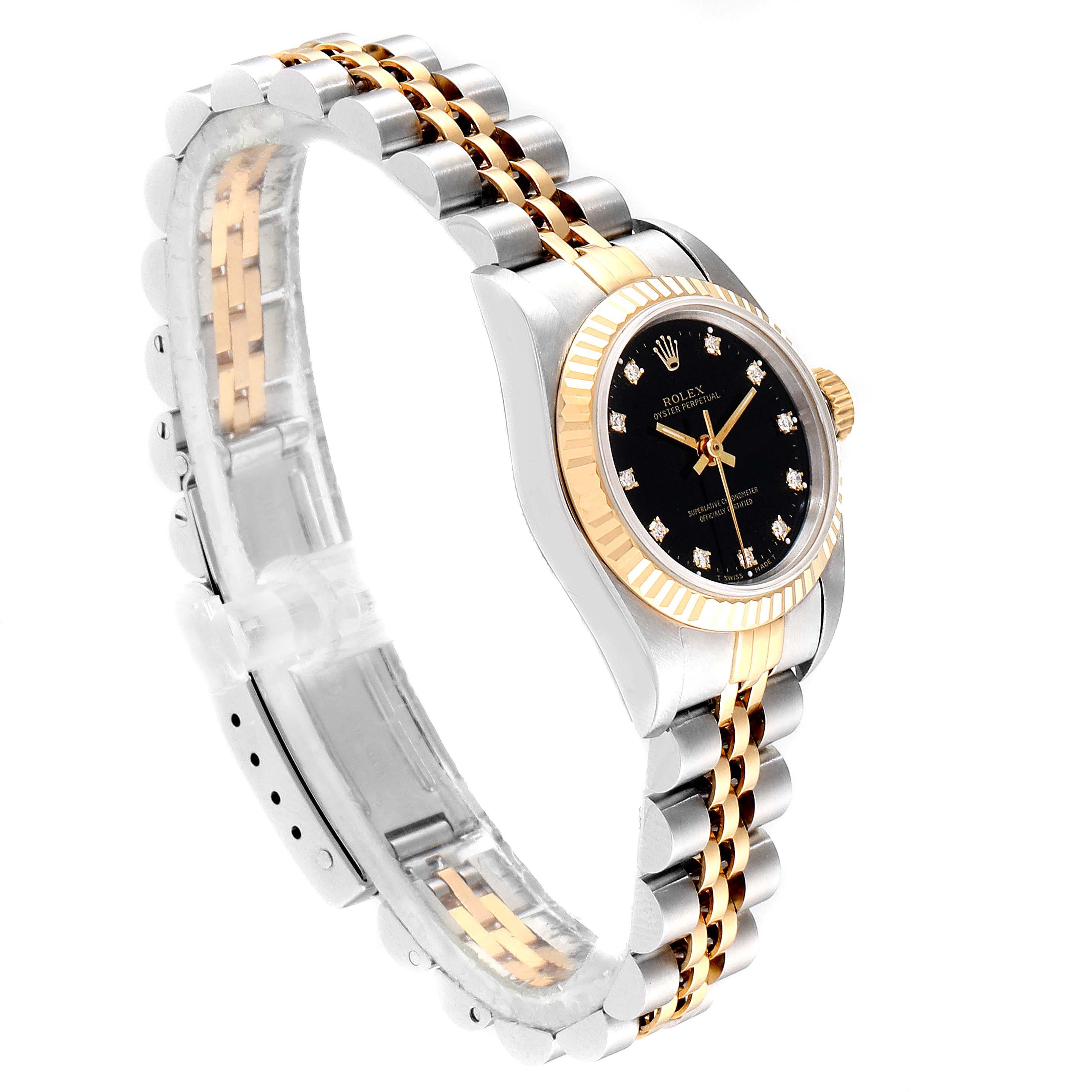 The image shows a side angle view of a Rolex Oyster Perpetual 67193 Women's Stainless Steel Black Dial 67193 Women's Stainless Steel Black Dial watch, highlighting its black dial, two-tone bracelet, and fluted bezel.