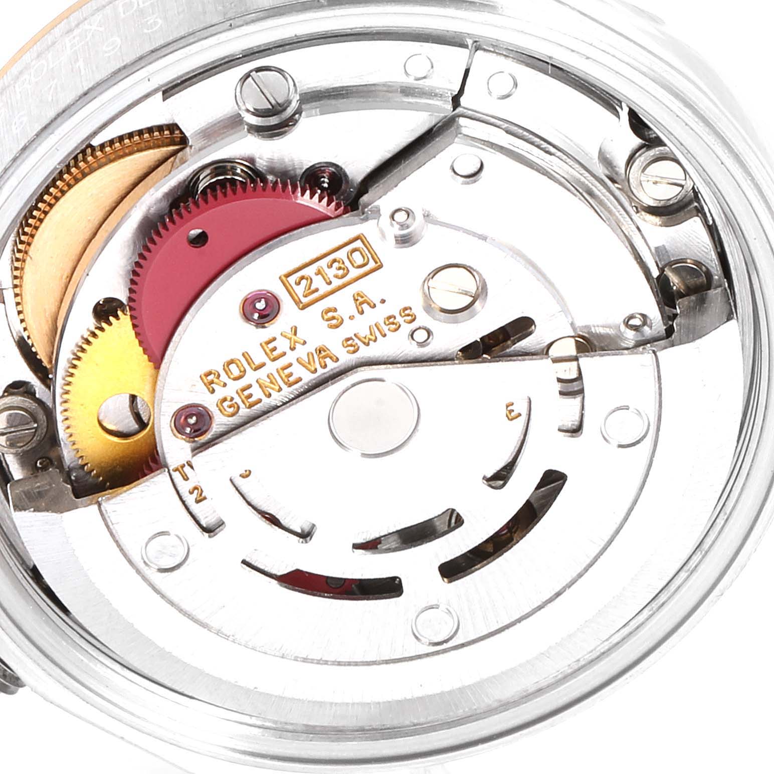 This image displays the internal mechanism and movement parts of a Rolex Oyster Perpetual 67193 Women's Stainless Steel Black Dial 67193 Women's Stainless Steel Black Dial watch model 2130.