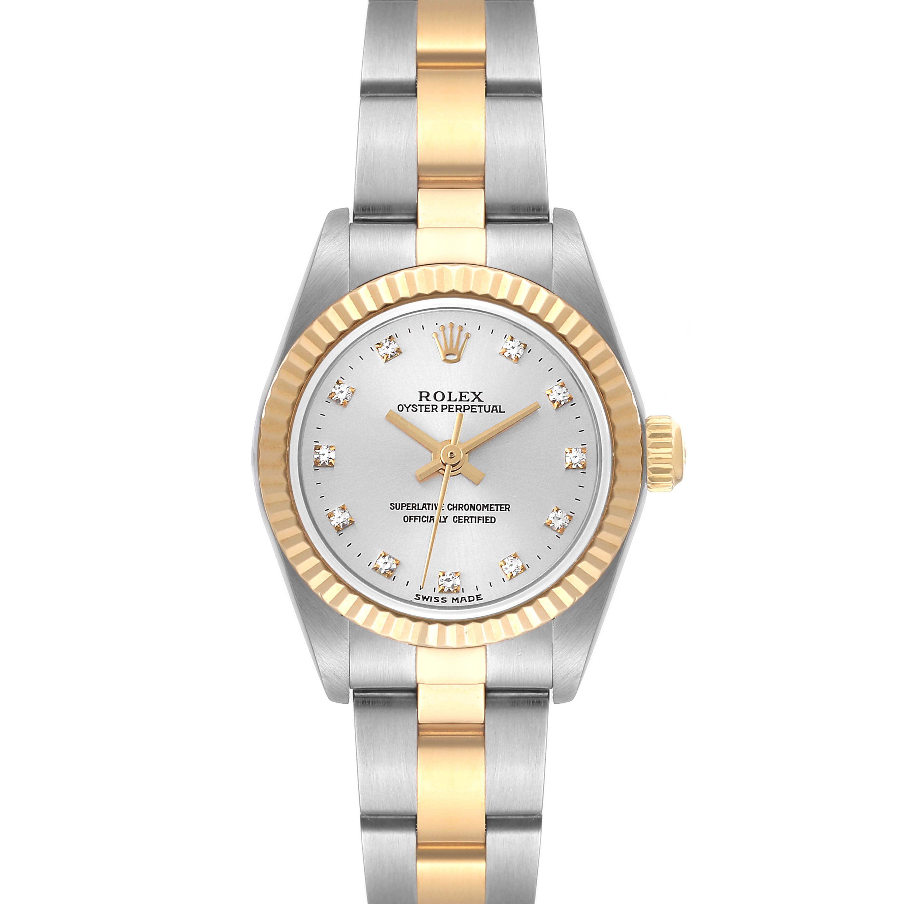 The Rolex Oyster Perpetual 76193 Women's Steel and Gold (two tone) Silver Dial 76193 Women's Steel and Gold (two tone) Silver Dial watch is shown from a top-down angle, highlighting its two-tone bracelet and diamond hour markers.