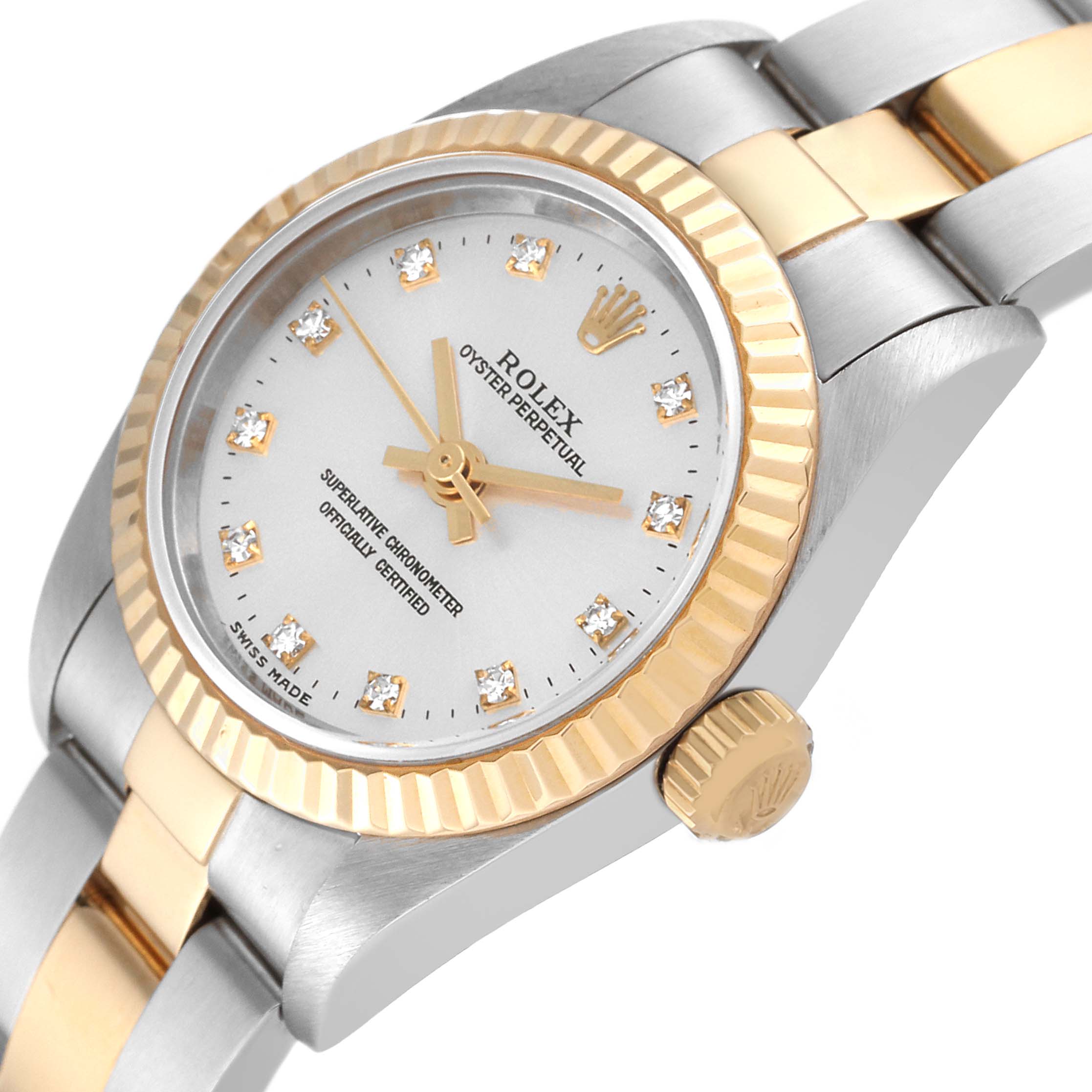 This is a close-up angled view of a Rolex Oyster Perpetual 76193 Women's Steel and Gold (two tone) Silver Dial 76193 Women's Steel and Gold (two tone) Silver Dial watch, showing the dial, bezel, and part of the bracelet.