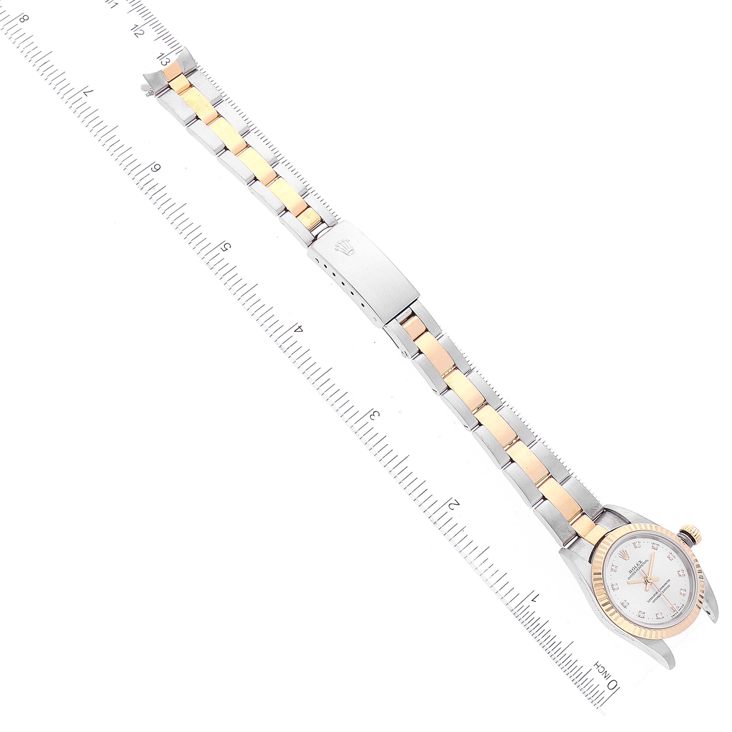 The image shows an angled top view of the Rolex Oyster Perpetual 76193 Women's Steel and Gold (two tone) Silver Dial 76193 Women's Steel and Gold (two tone) Silver Dial watch, highlighting its face, bezel, and band.