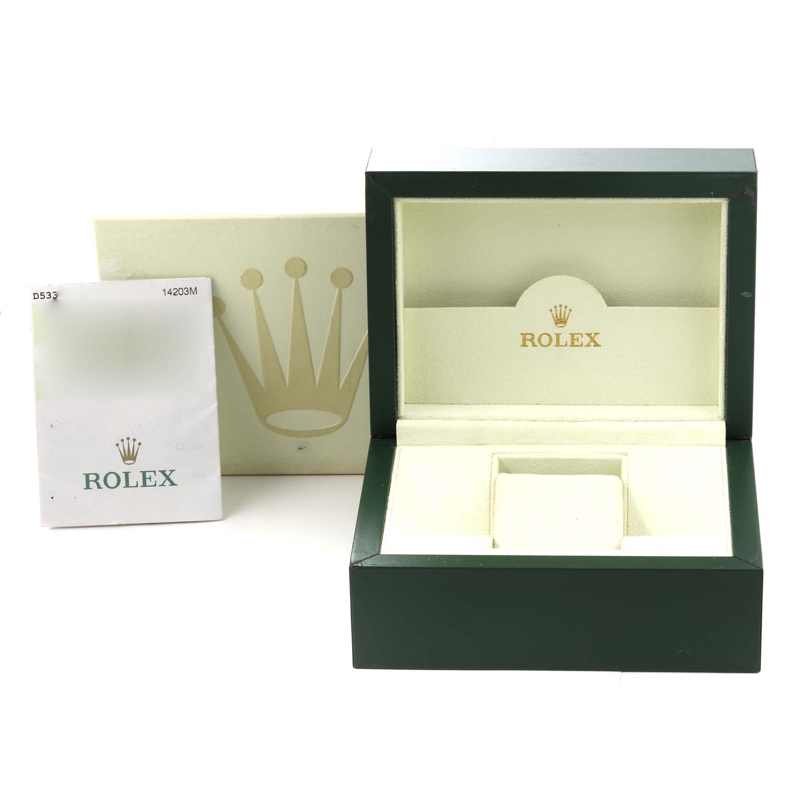The image shows the Rolex Oyster Perpetual 14203 Men's Steel and Gold (two tone) Grey Dial 14203 Men's Steel and Gold (two tone) Grey Dial watch box, outer box, and booklet from a frontal angle.