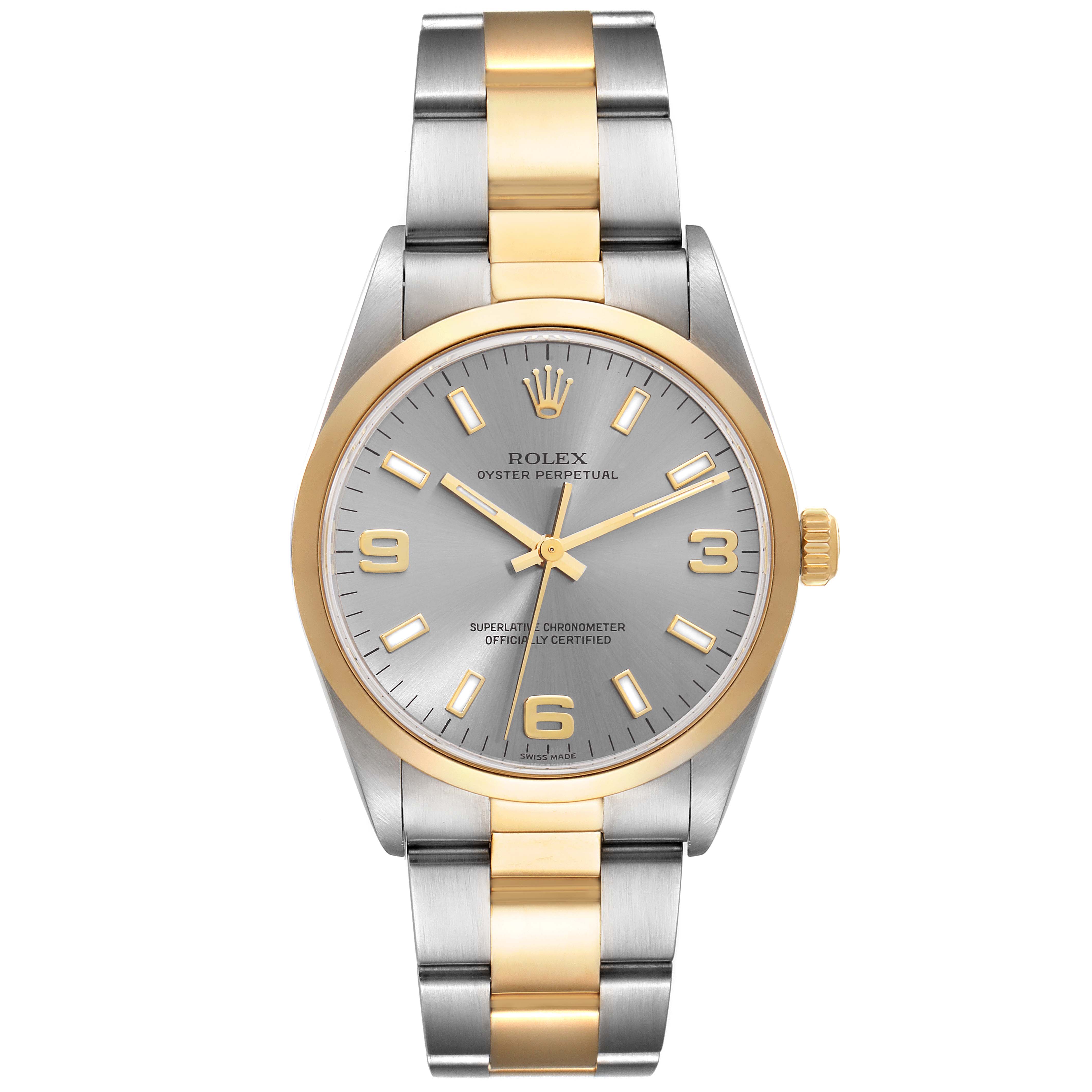 This is a front view of a Rolex Oyster Perpetual 14203 Men's Steel and Gold (two tone) Grey Dial 14203 Men's Steel and Gold (two tone) Grey Dial watch showing the dial, bezel, and bracelet.