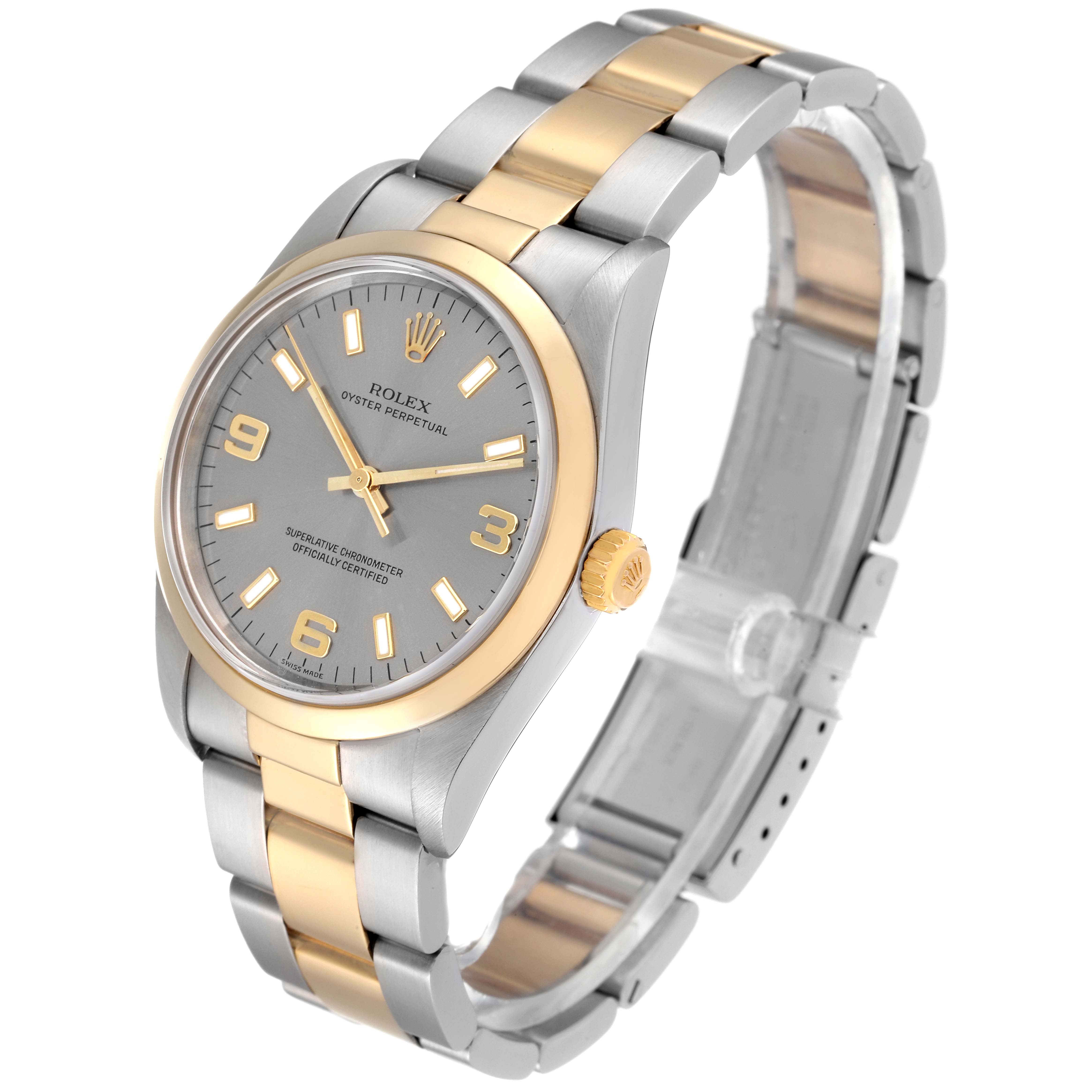 The image shows a Rolex Oyster Perpetual 14203 Men's Steel and Gold (two tone) Grey Dial 14203 Men's Steel and Gold (two tone) Grey Dial watch from a front-right angle, highlighting the dial, bezel, and bracelet.