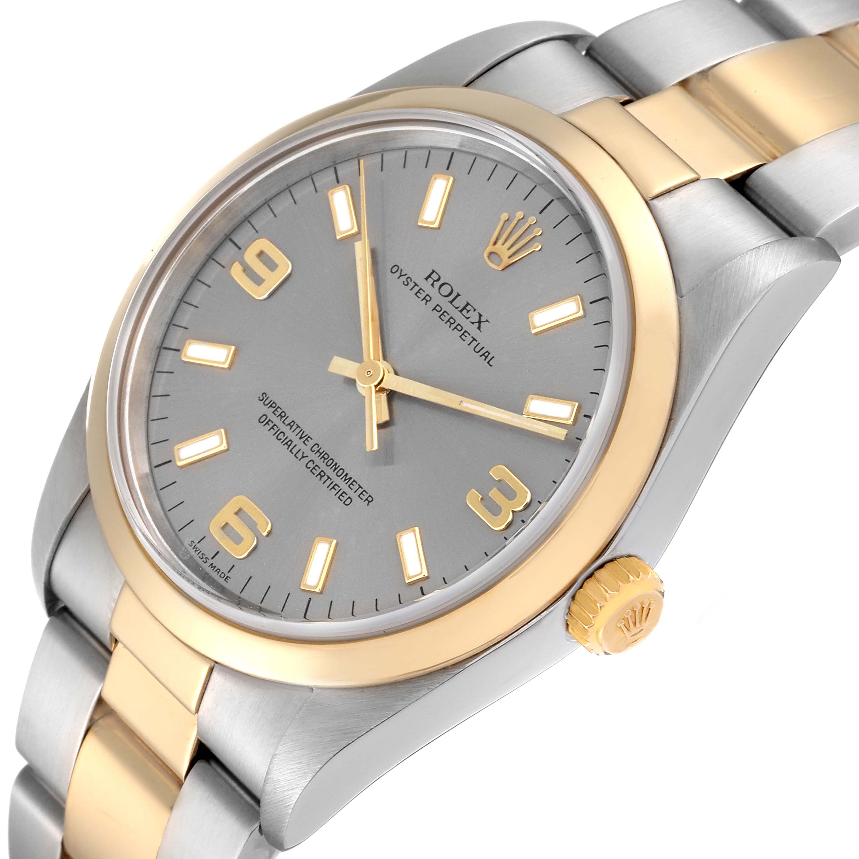 The image shows a Rolex Oyster Perpetual 14203 Men's Steel and Gold (two tone) Grey Dial 14203 Men's Steel and Gold (two tone) Grey Dial watch at a slight angle, displaying its face, crown, bezel, and part of the bracelet.