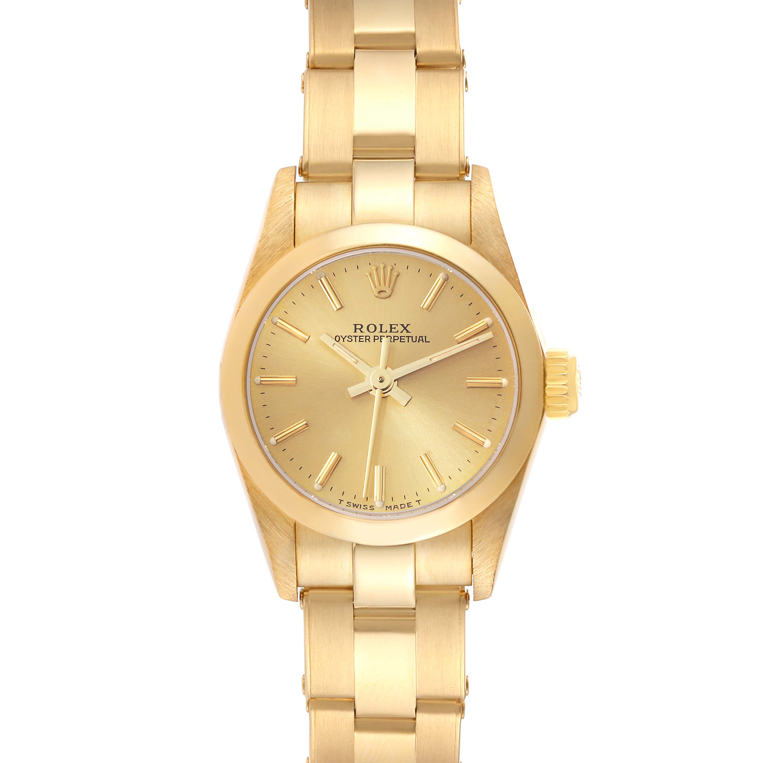 This Rolex President 67188 Women
s Yellow Gold Champagne Dial 67188 Women
s Yellow Gold Champagne Dial model watch is shown from the front, highlighting its gold bracelet and dial.