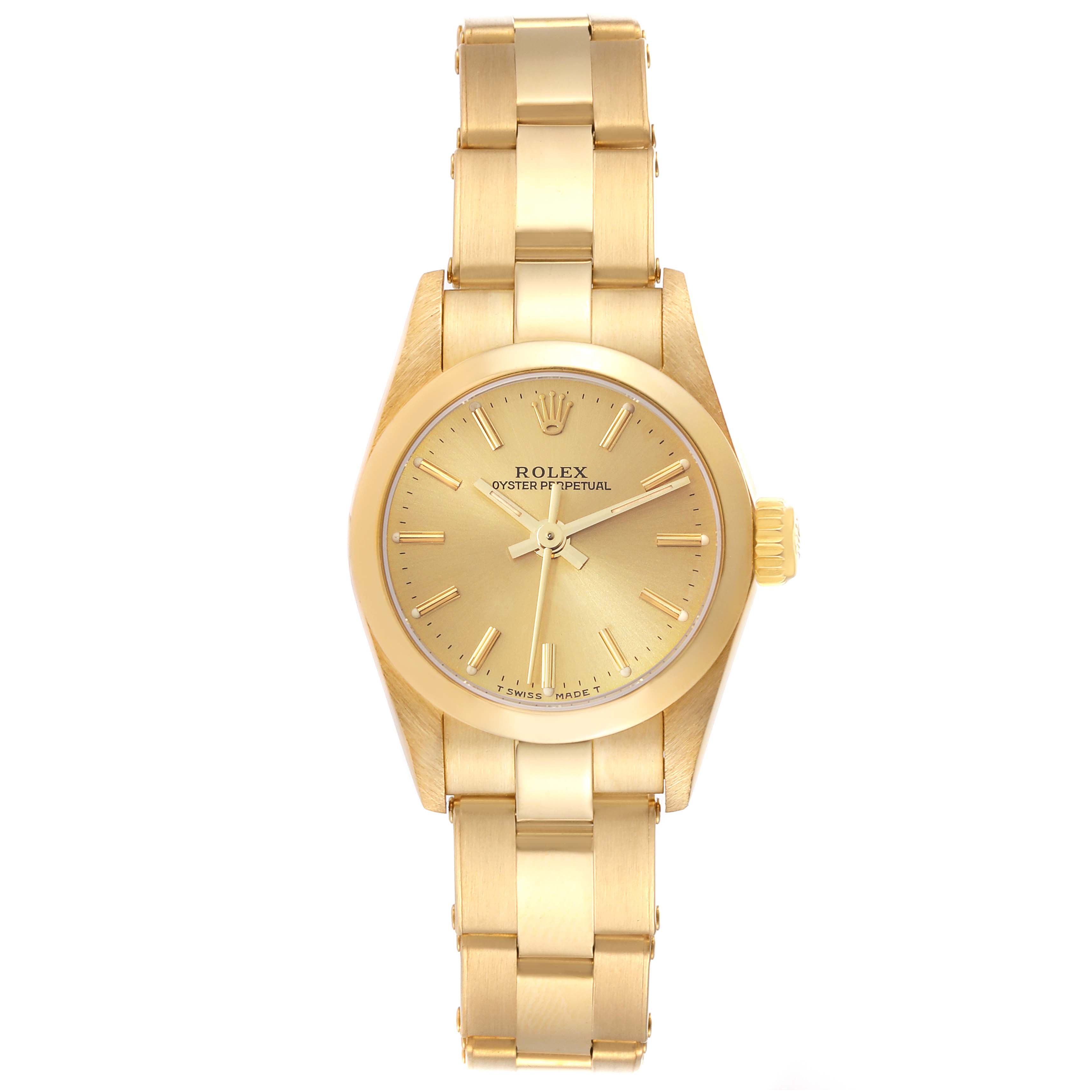 The image shows a front view of a Rolex President 67188 Women
s Yellow Gold Champagne Dial 67188 Women
s Yellow Gold Champagne Dial model watch, highlighting the dial, bracelet, and crown.
