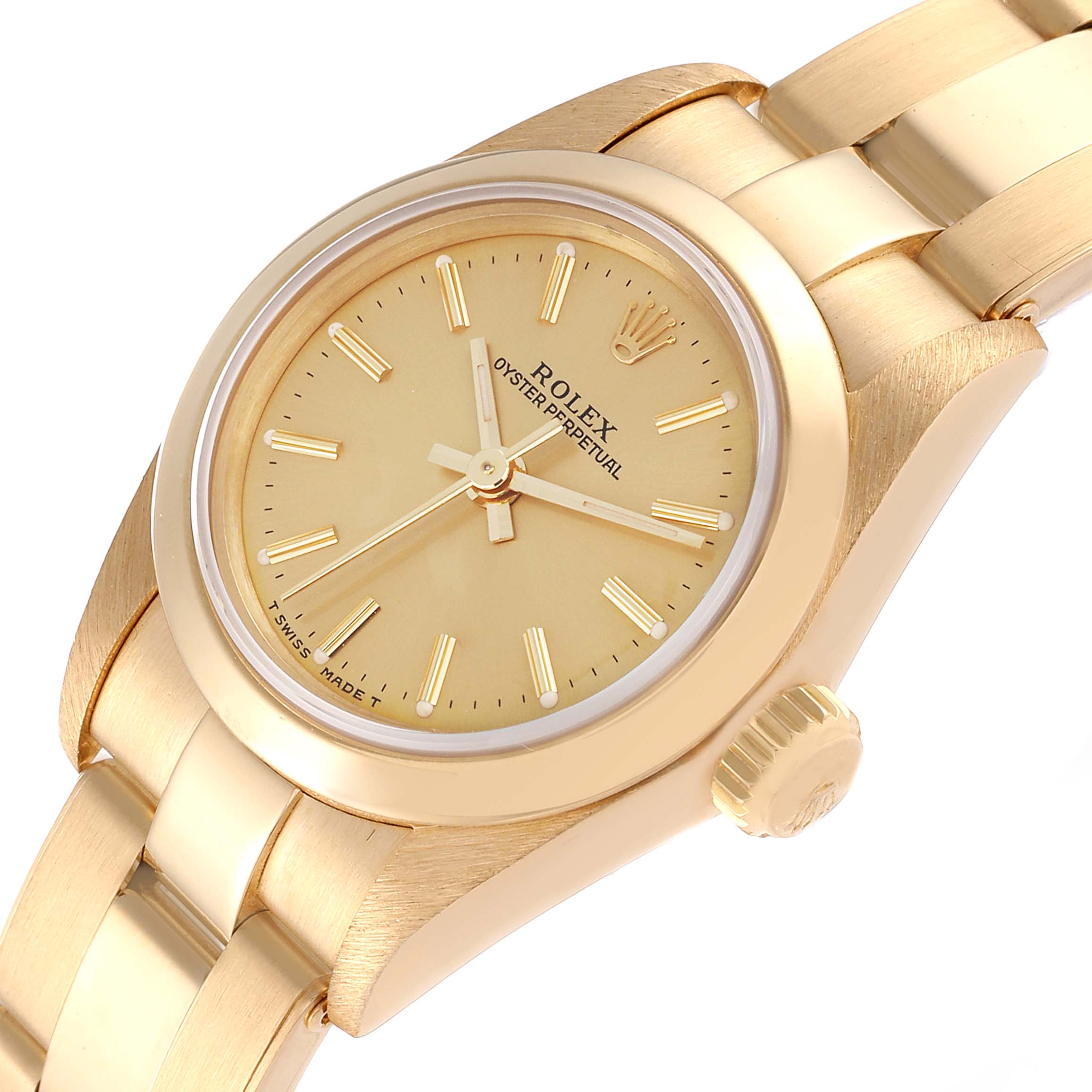 This image shows a close-up angled view of the dial, case, and bracelet of the Rolex President 67188 Women
s Yellow Gold Champagne Dial 67188 Women
s Yellow Gold Champagne Dial model watch.