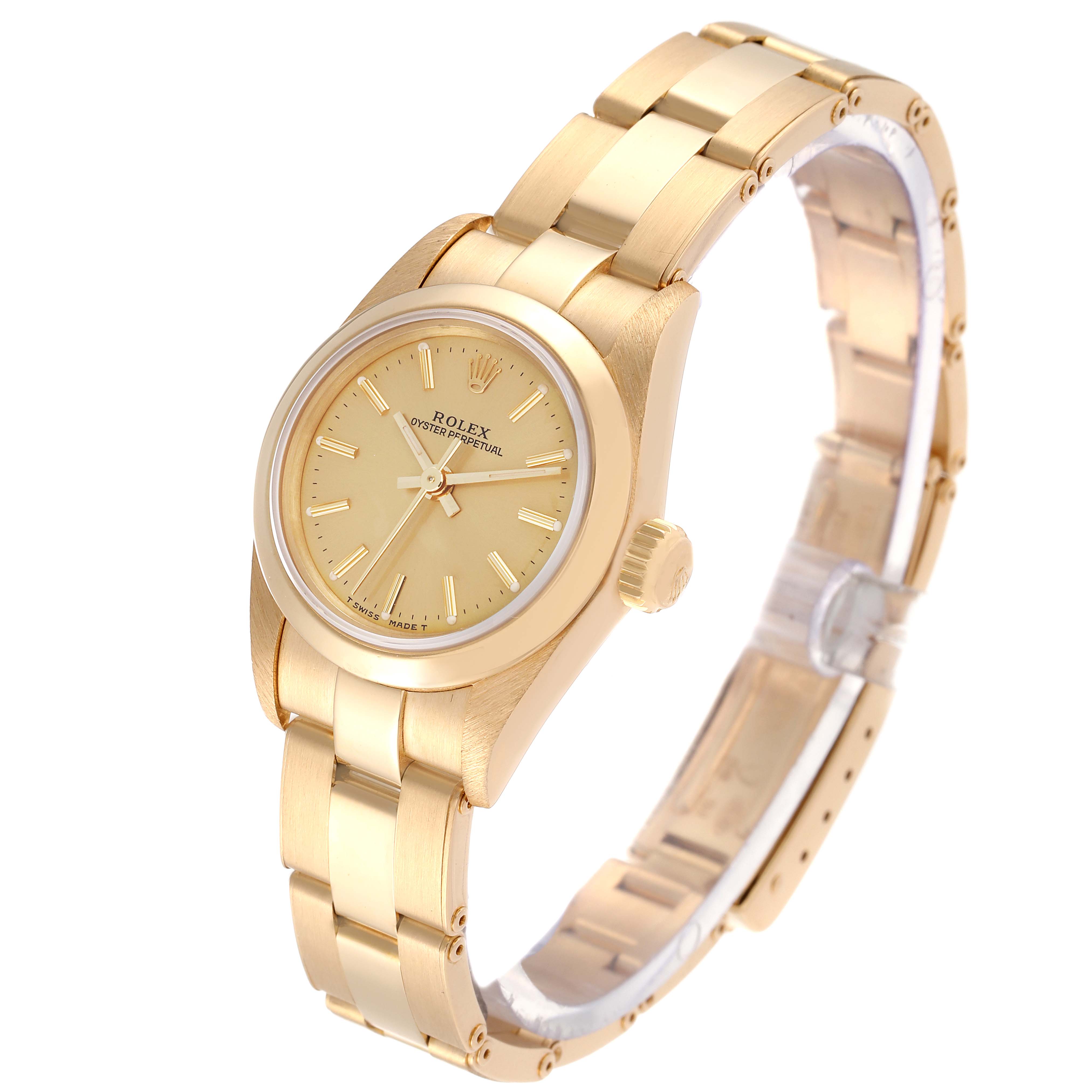 This is a side-angle view of a Rolex President 67188 Women
s Yellow Gold Champagne Dial 67188 Women
s Yellow Gold Champagne Dial model watch, showcasing the dial, bezel, crown, and bracelet.