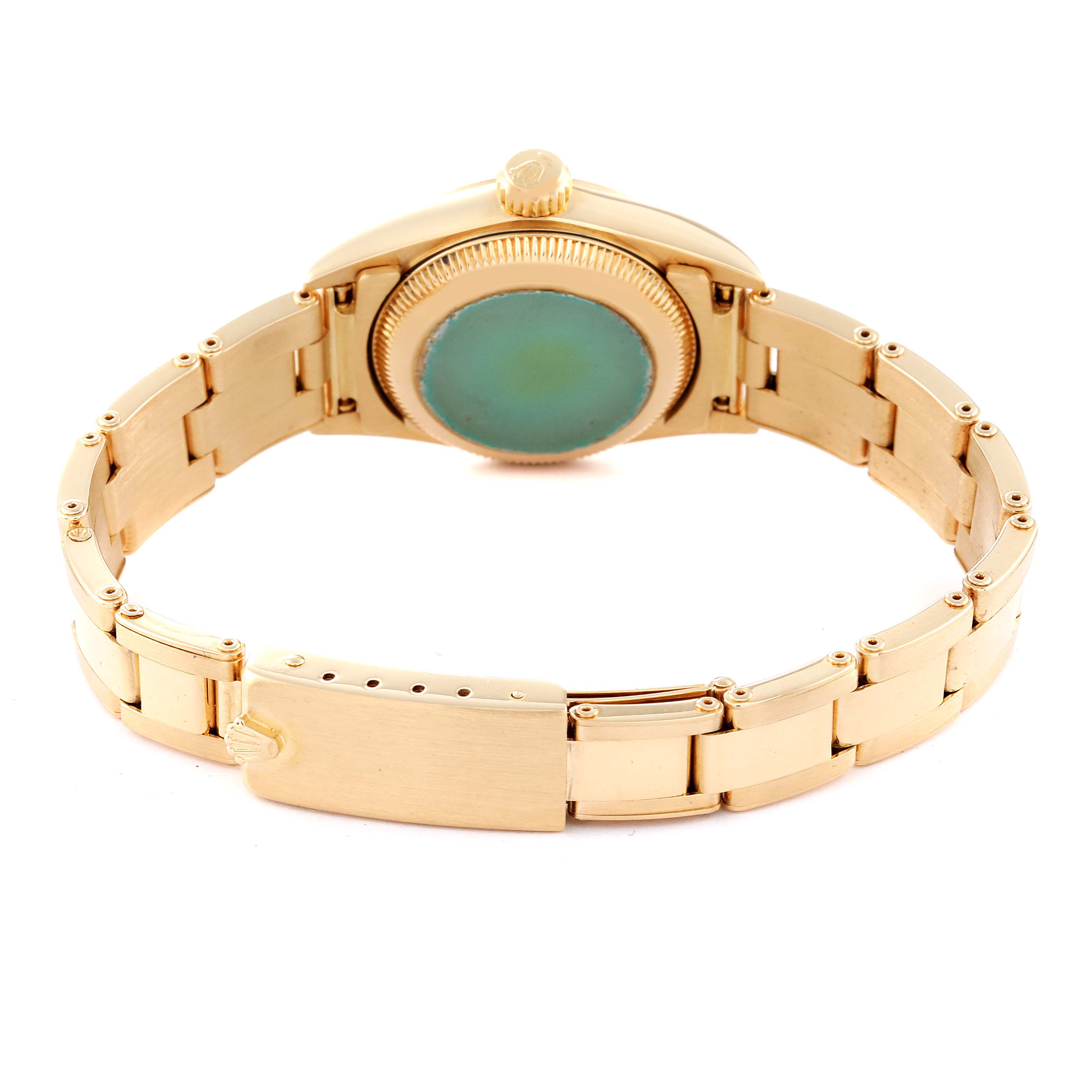 The image shows the case back, crown, and bracelet of a Rolex President 67188 Women
s Yellow Gold Champagne Dial 67188 Women
s Yellow Gold Champagne Dial model watch from the rear angle.