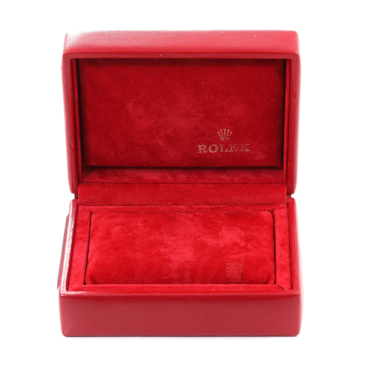 The image shows an open, red Rolex watch box for the President model, featuring the brand
s logo inside the lid.