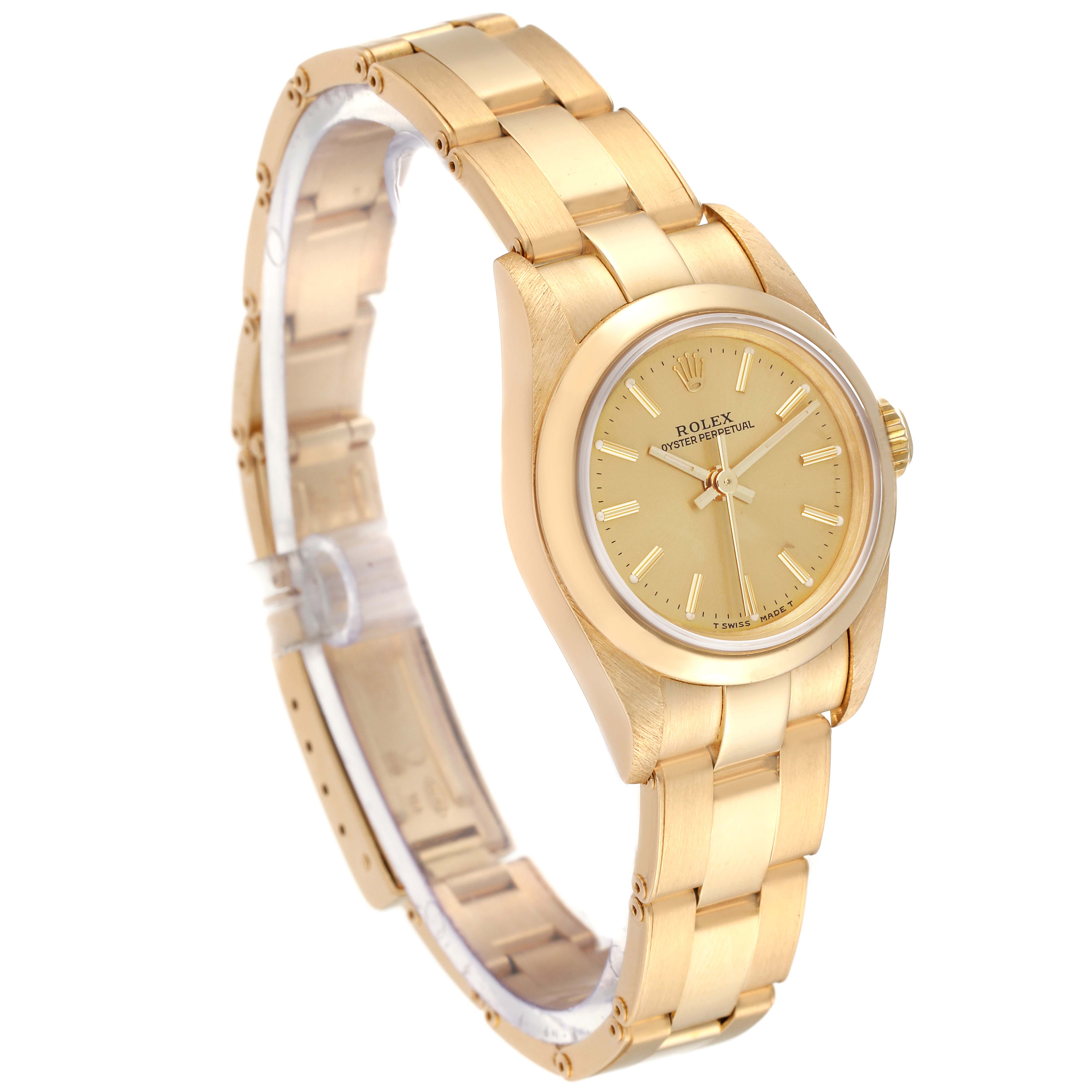 The image shows a gold Rolex President 67188 Women
s Yellow Gold Champagne Dial 67188 Women
s Yellow Gold Champagne Dial model watch from an angled side view, highlighting the face and part of the bracelet.