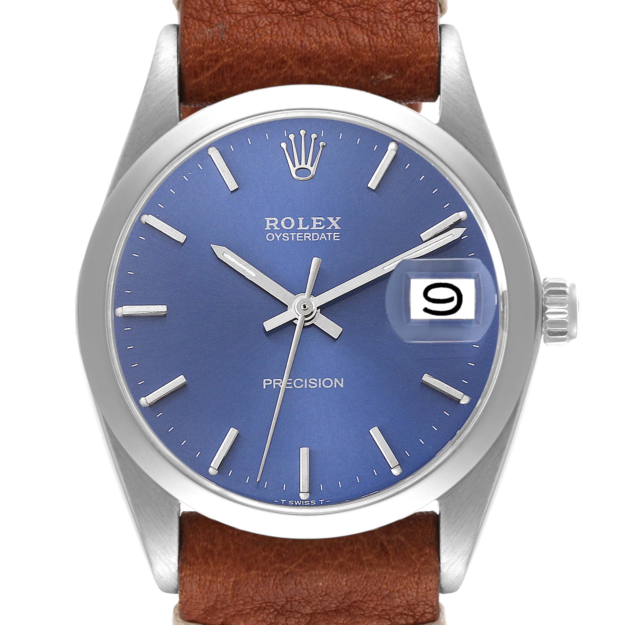 The Rolex Vintage Collection 6694 Men's Stainless Steel Blue Dial 6694 Men's Stainless Steel Blue Dial model watch is shown from a top view, highlighting its blue dial, date window, and brown leather strap.