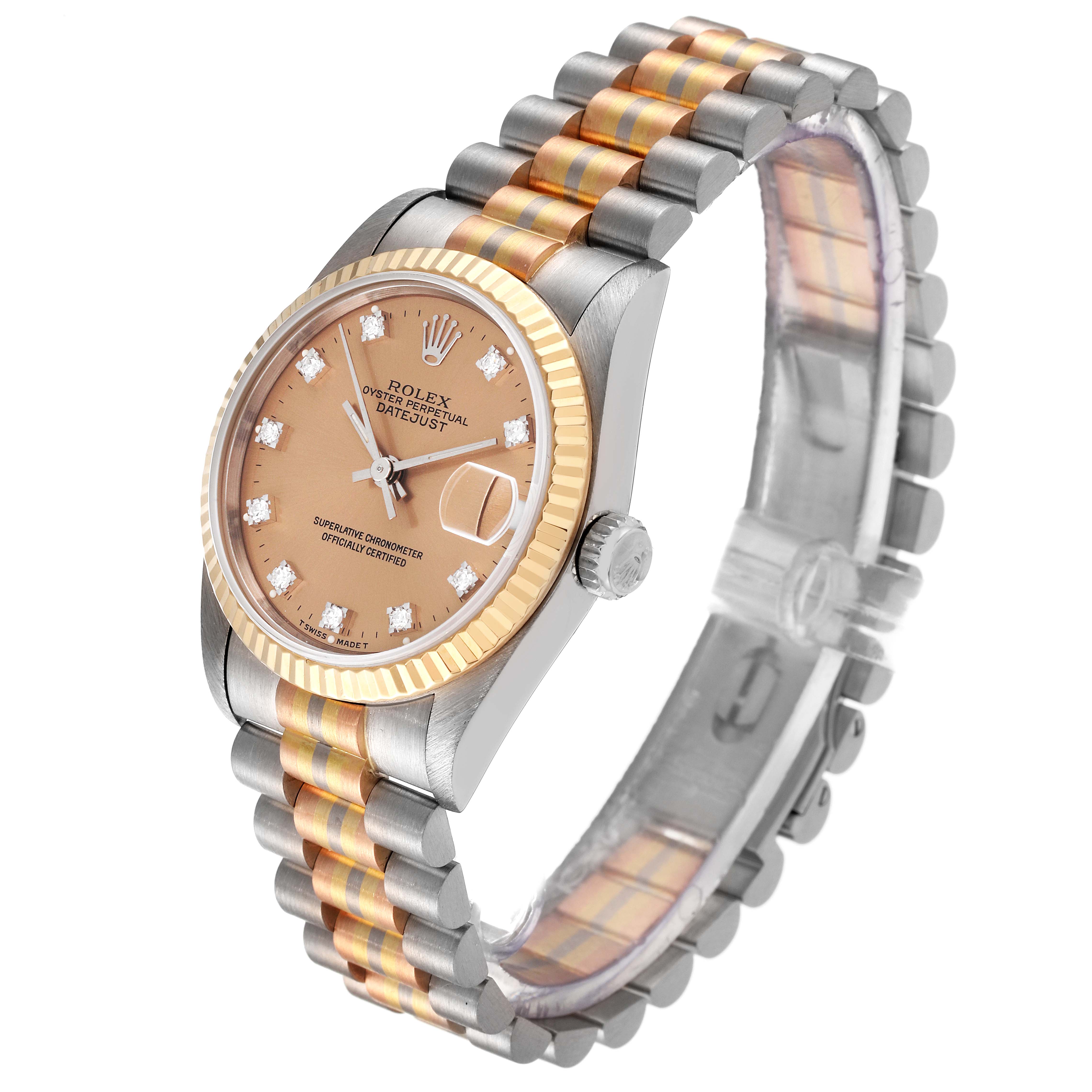 The Rolex President 68279 Women's White Gold Brown Dial 68279 Women's White Gold Brown Dial model watch is shown at a three-quarter angle, highlighting the face, bezel, and two-tone bracelet.