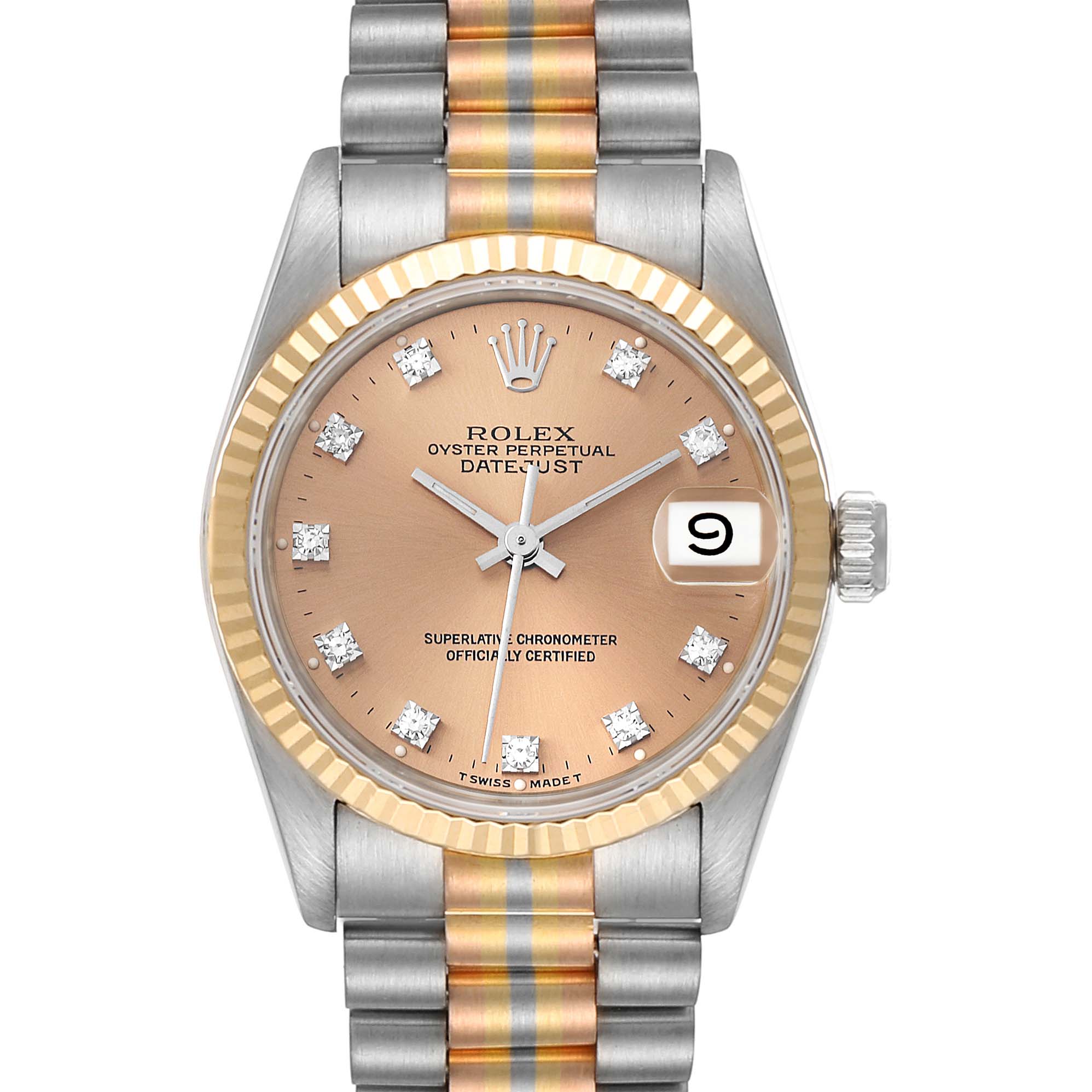 The Rolex President 68279 Women's White Gold Brown Dial 68279 Women's White Gold Brown Dial model watch is shown in a front view, showcasing its face, bezel, crown, and bracelet.