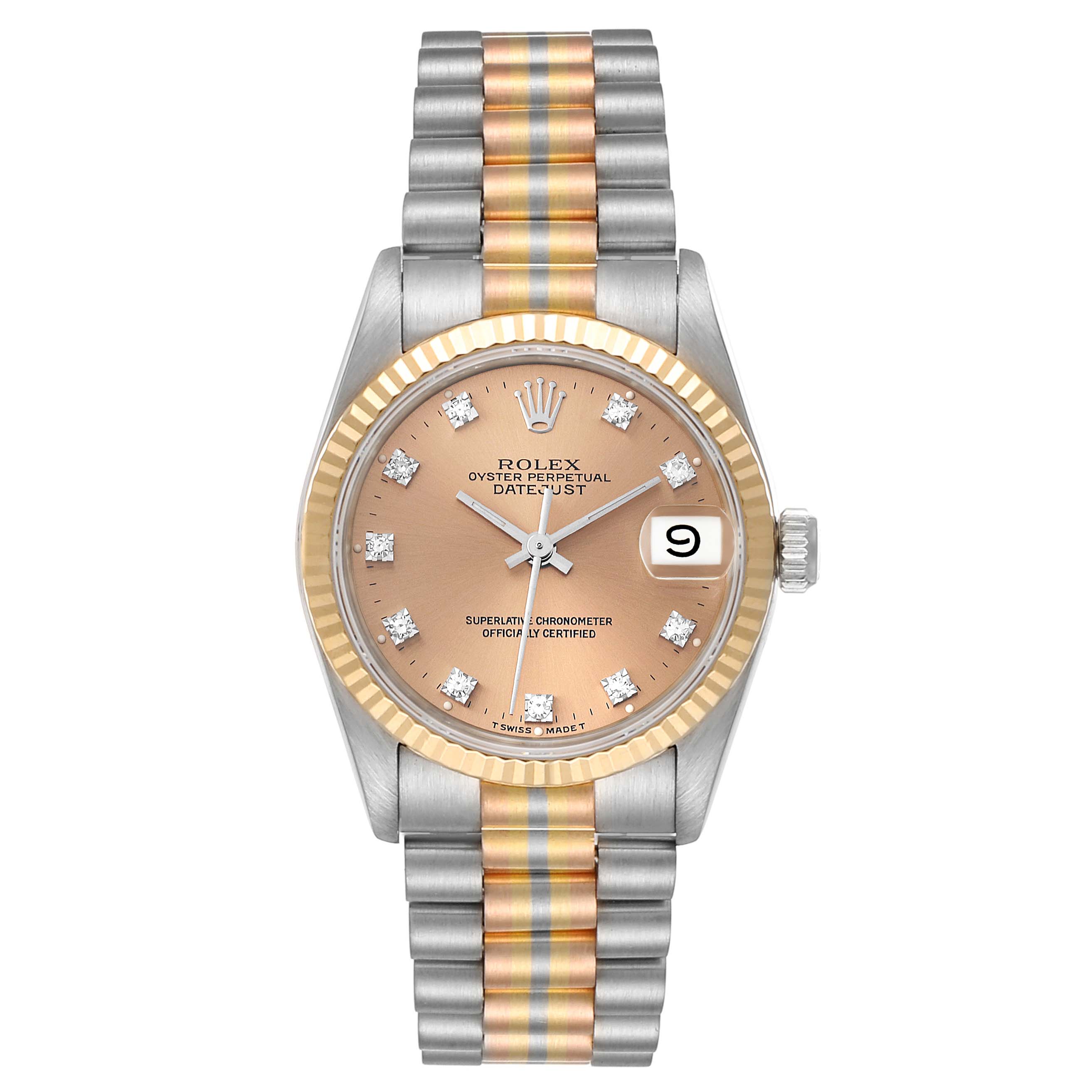 The image shows a front view of a Rolex President 68279 Women's White Gold Brown Dial 68279 Women's White Gold Brown Dial model watch, highlighting the face, bezel, hands, date display, and band.