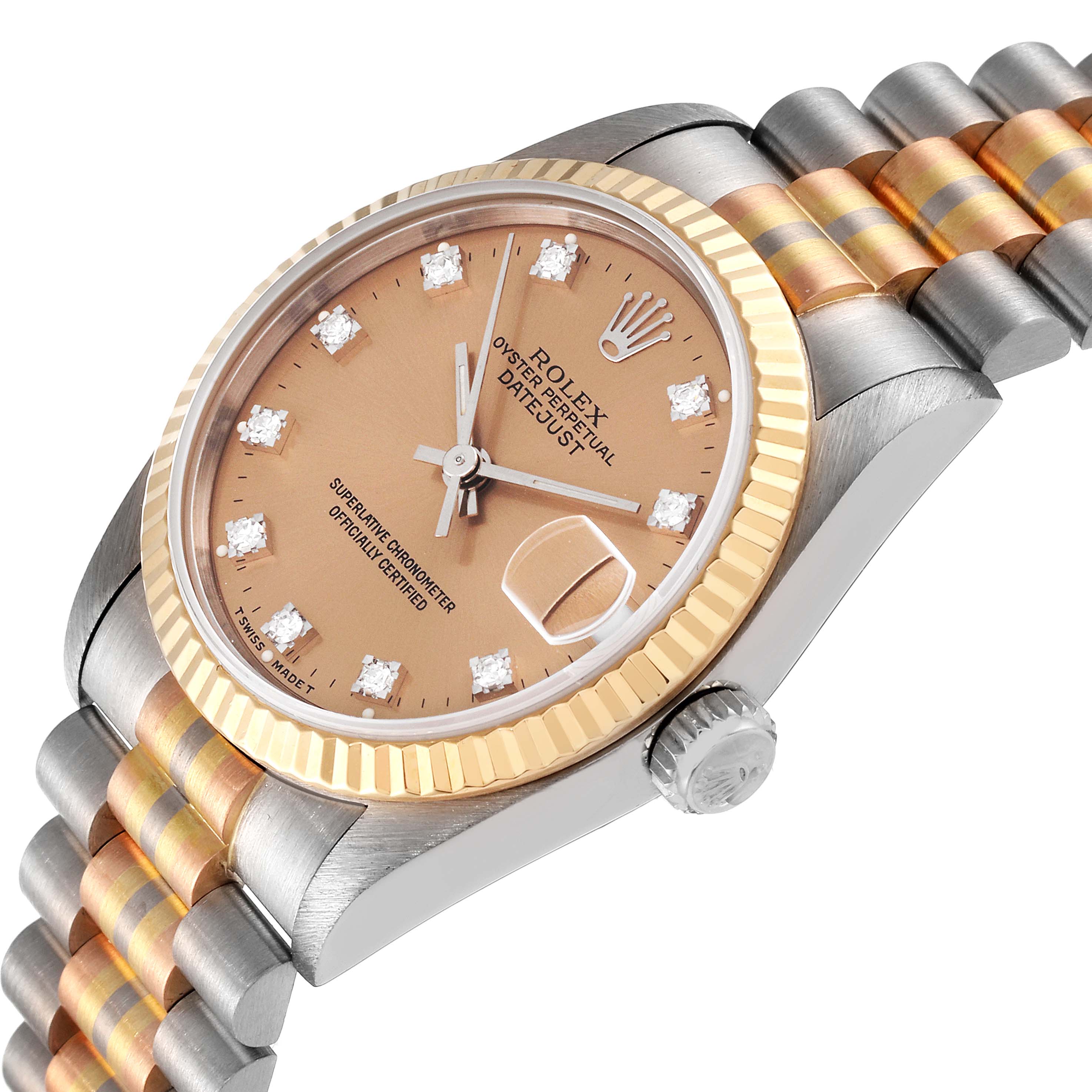 This image shows a close-up of the watch face and part of the bracelet of the Rolex President 68279 Women's White Gold Brown Dial 68279 Women's White Gold Brown Dial model.