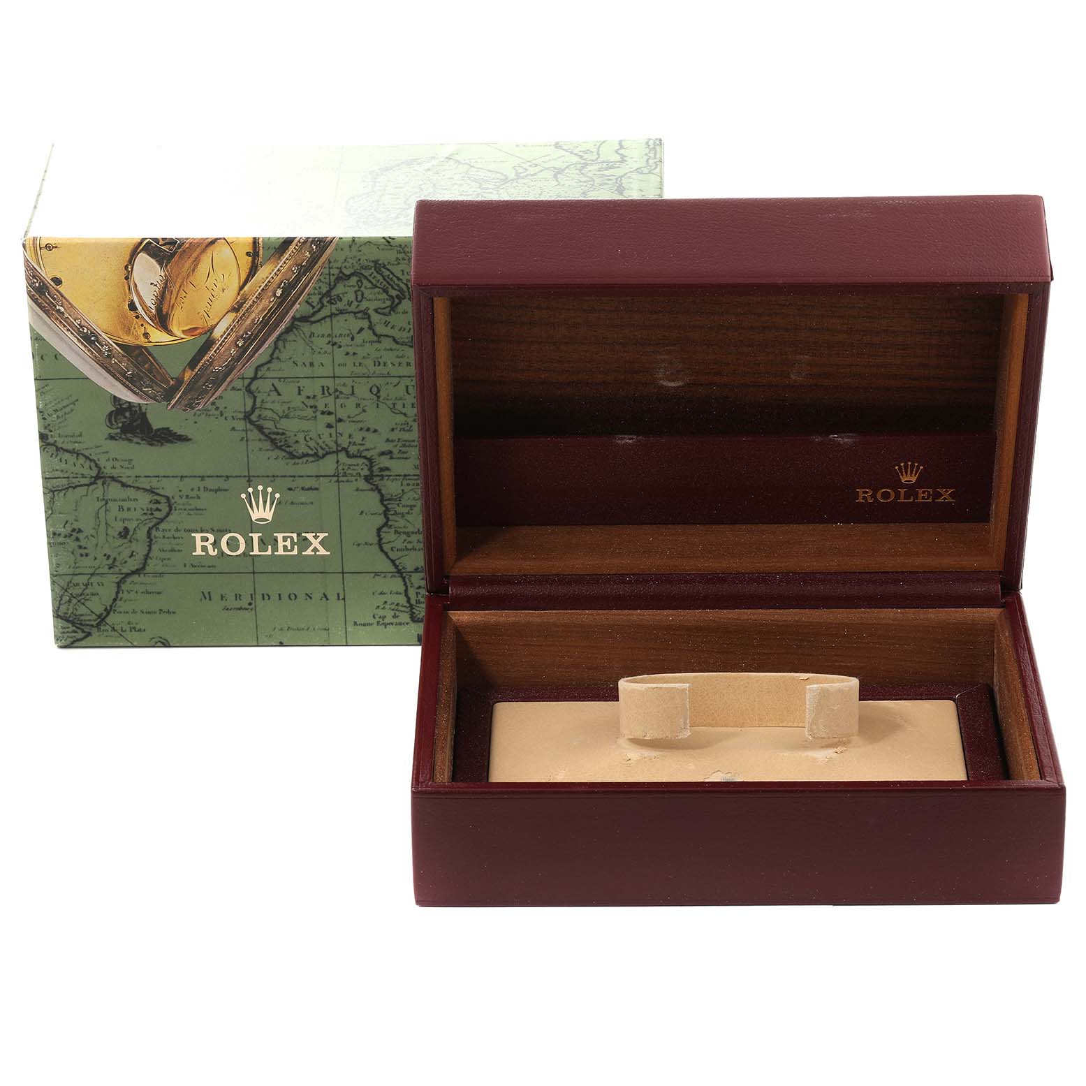 The image shows the open packaging box for a Rolex President 68279 Women's White Gold Brown Dial 68279 Women's White Gold Brown Dial model watch, highlighting the interior and exterior details.
