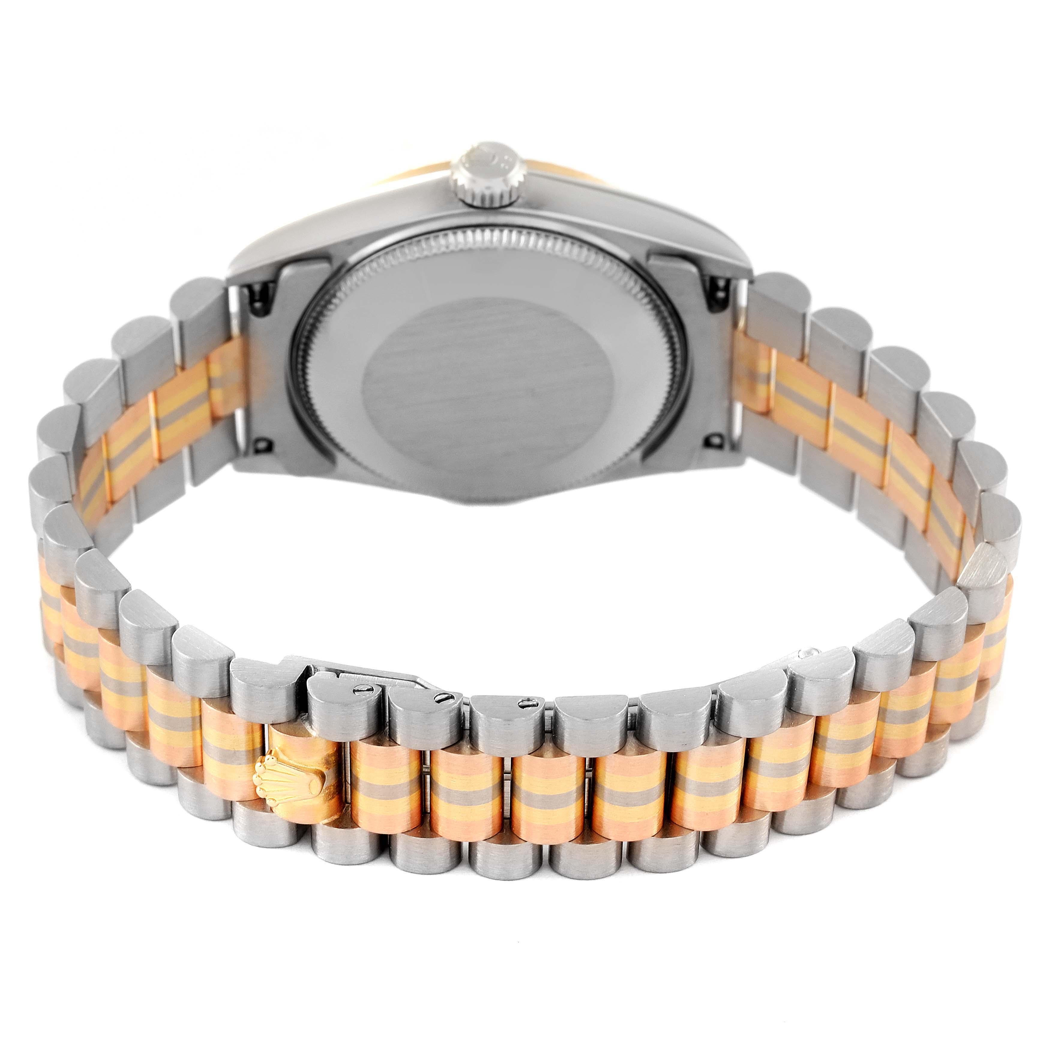 This image shows the back view of a Rolex President 68279 Women's White Gold Brown Dial 68279 Women's White Gold Brown Dial model watch, highlighting the case back and two-tone bracelet.