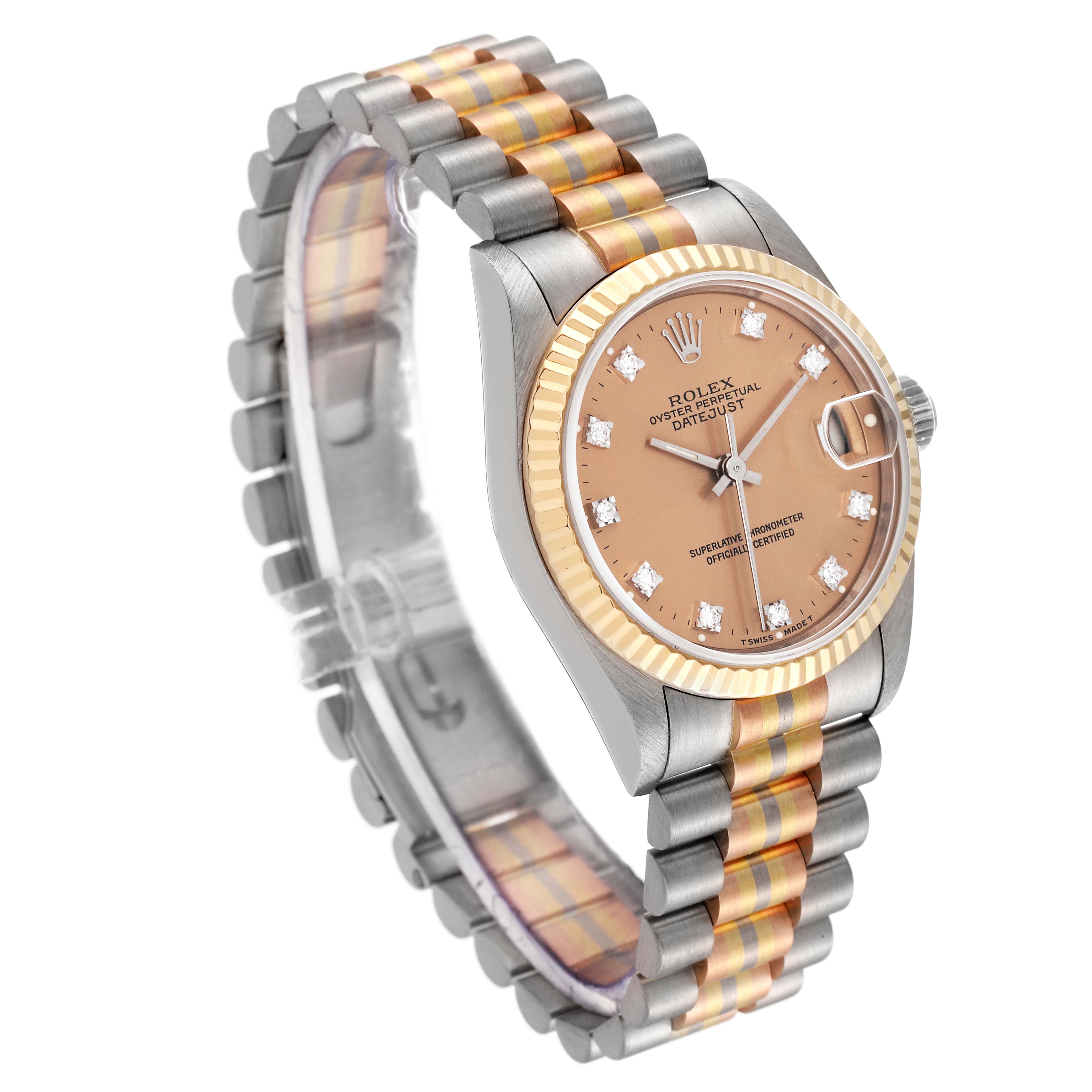 The image shows a Rolex President 68279 Women's White Gold Brown Dial 68279 Women's White Gold Brown Dial watch at a slight angle, highlighting its bezel, face, and two-tone band.