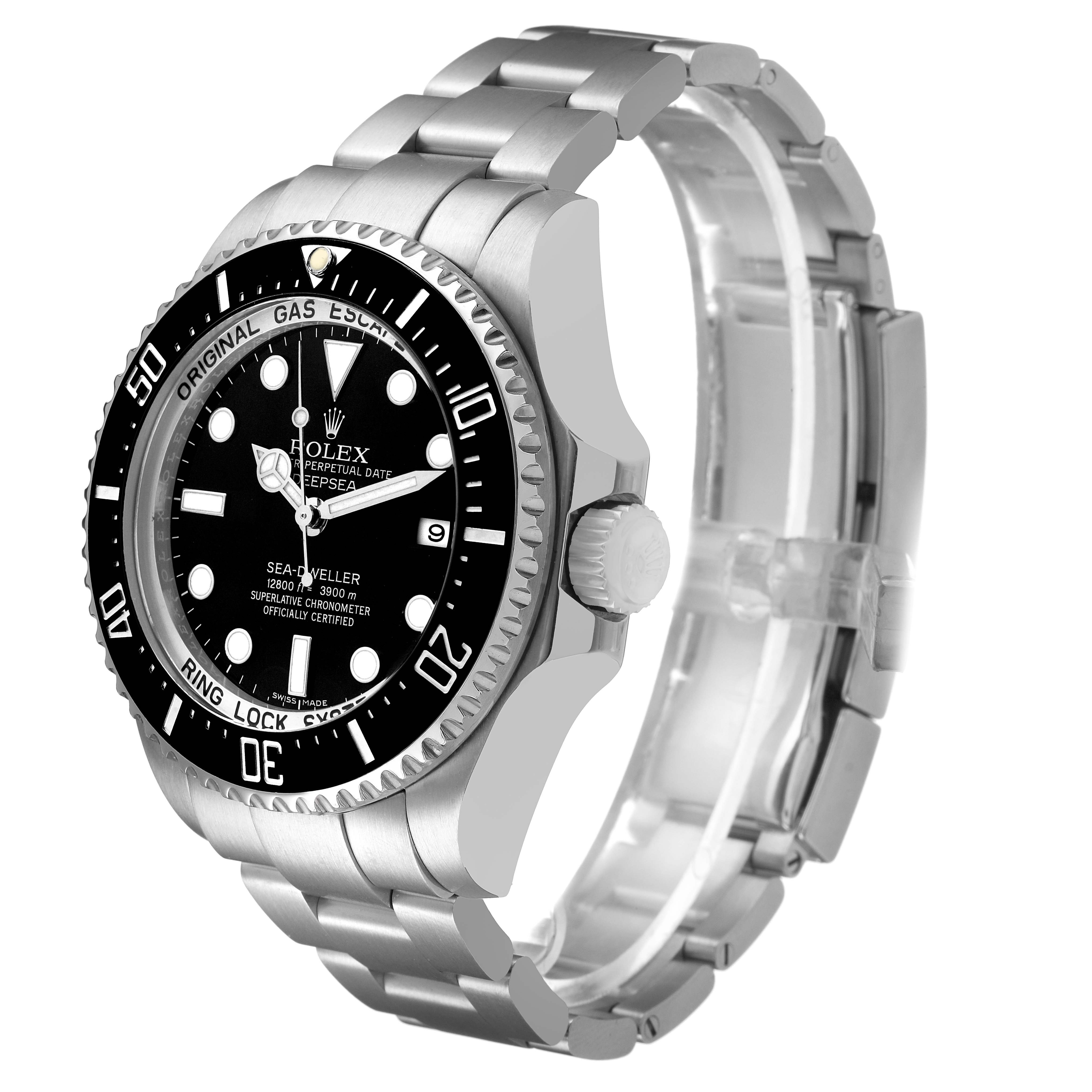 The Rolex Sea-Dweller 116660 Men's Stainless Steel Black Dial watch is shown at a front angle, highlighting the face, bezel, crown, and bracelet.