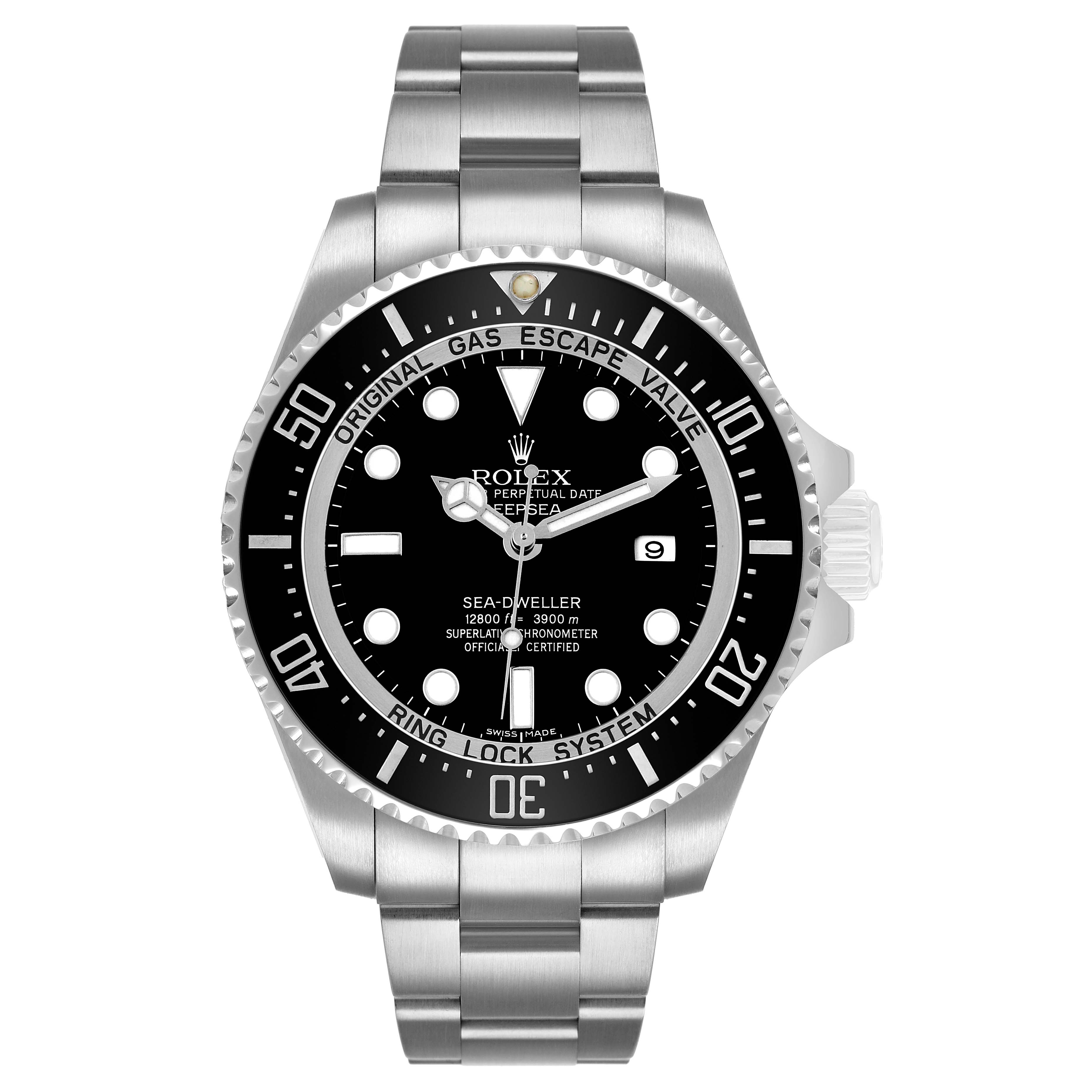 The Rolex Sea-Dweller 116660 Men's Stainless Steel Black Dial watch is shown from a front angle, displaying the dial, bezel, and bracelet.