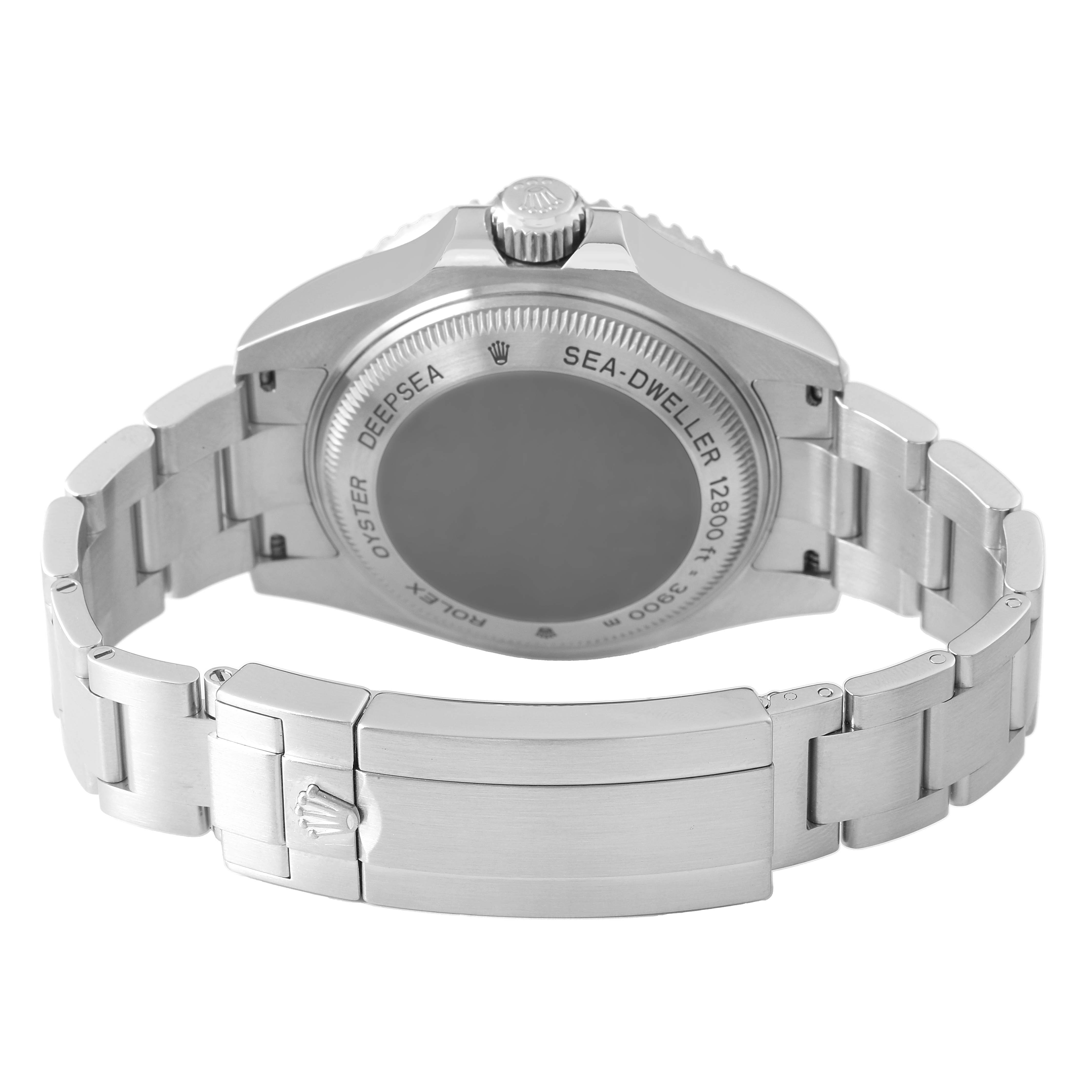 The Rolex Sea-Dweller 116660 Men's Stainless Steel Black Dial watch is shown from the back, highlighting the case back and clasp of the bracelet.