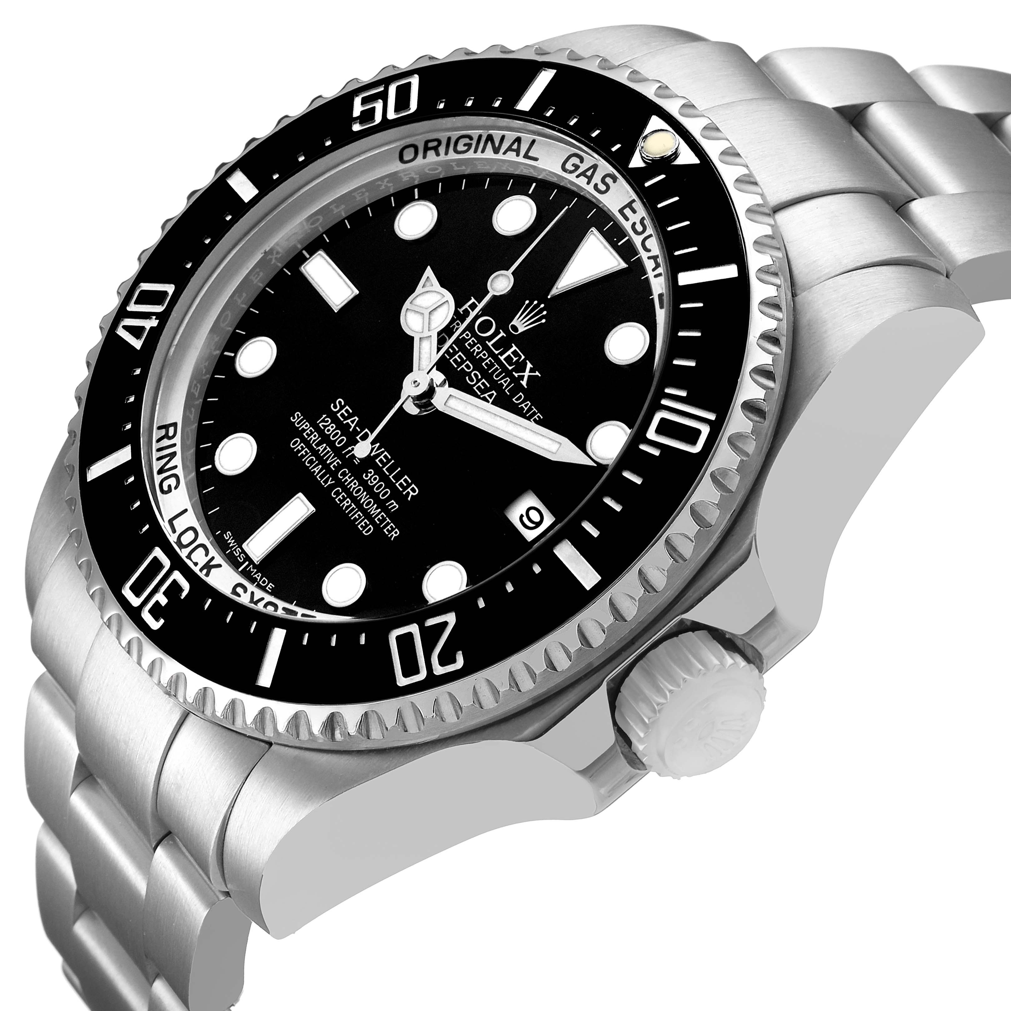 The Rolex Sea-Dweller 116660 Men's Stainless Steel Black Dial watch is shown at a three-quarter angle, highlighting the bezel, dial, and bracelet.