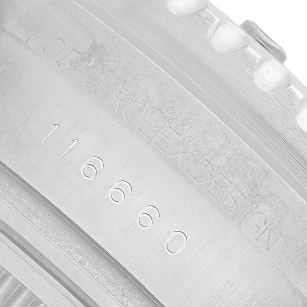 The image shows a close-up of the case side engraving on a Rolex Sea-Dweller 116660 Men's Stainless Steel Black Dial, highlighting the model number.