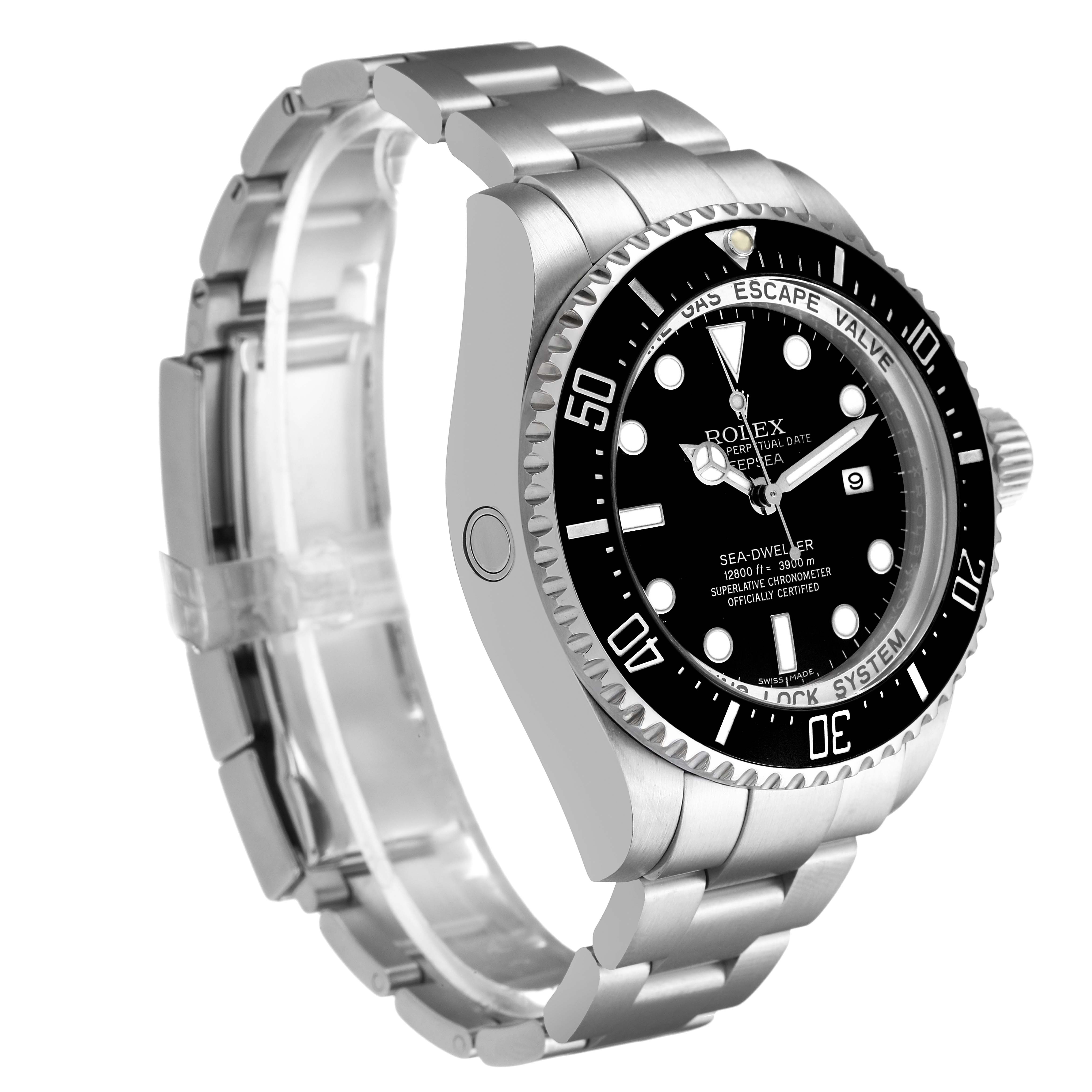 The Rolex Sea-Dweller 116660 Men's Stainless Steel Black Dial watch is shown from a three-quarter angle, highlighting the watch face, bezel, crown, and bracelet.