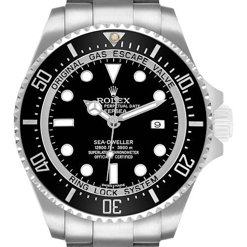 The Rolex Sea-Dweller 116660 Men's Stainless Steel Black Dial watch is shown from the front, displaying the dial, bezel, crown, and part of the bracelet.