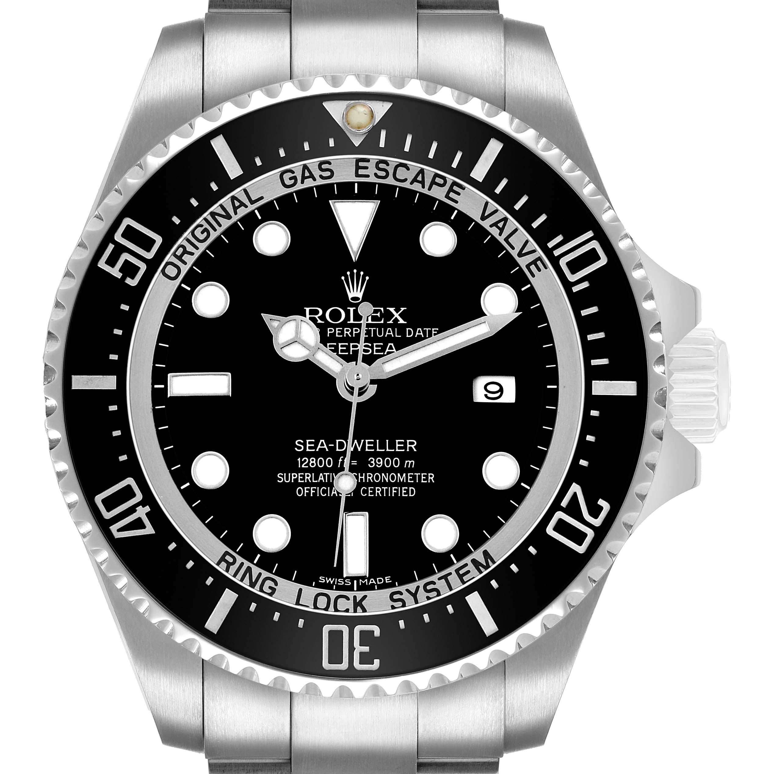 The Rolex Sea-Dweller 116660 Men's Stainless Steel Black Dial watch is shown from a front angle, highlighting the dial, bezel, and part of the bracelet.