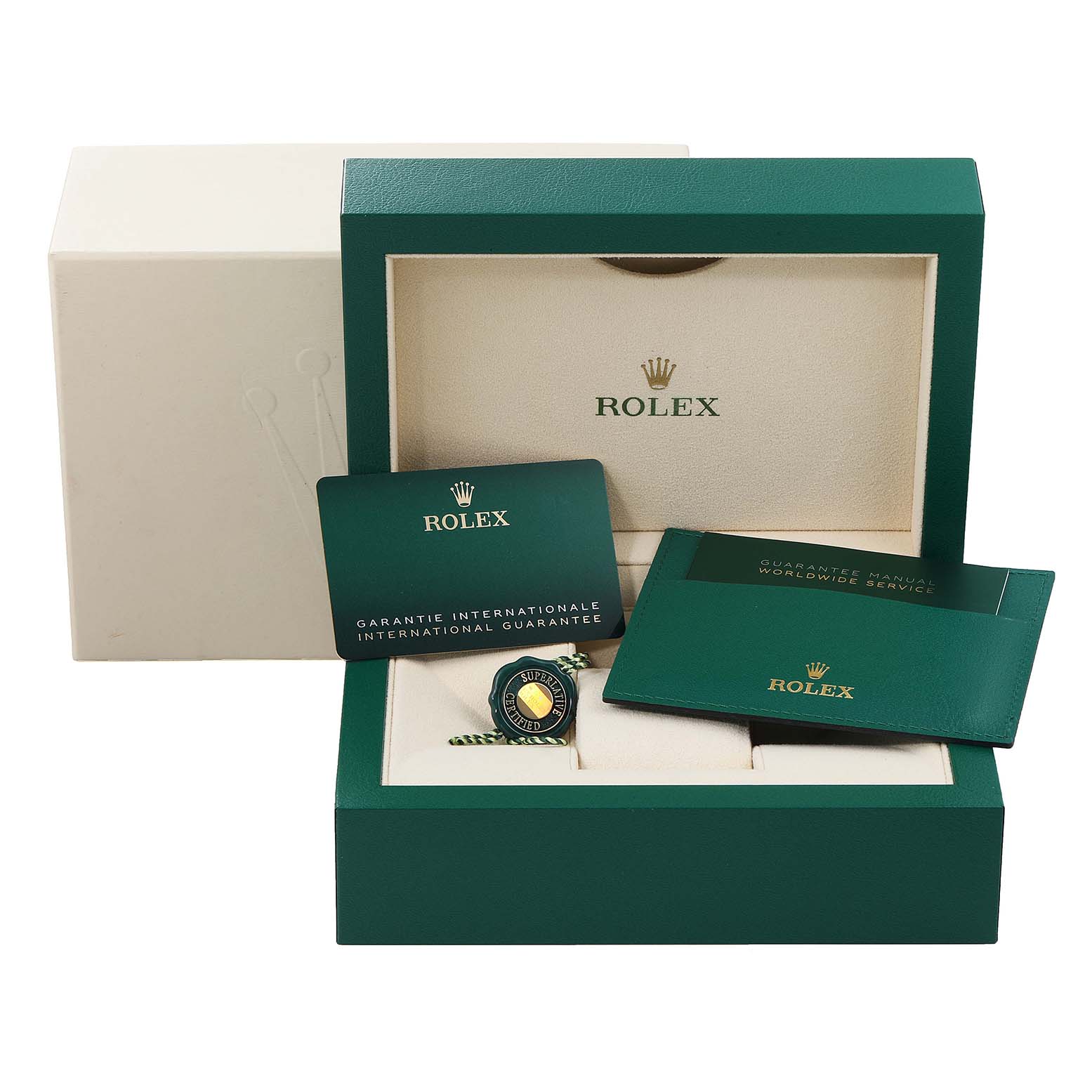This image shows the packaging and accessories for a Rolex Sea-Dweller 126603 Men
s Steel and Gold (two tone) Black Dial 126603 Men
s Steel and Gold (two tone) Black Dial, including the box, warranty card, and booklet.