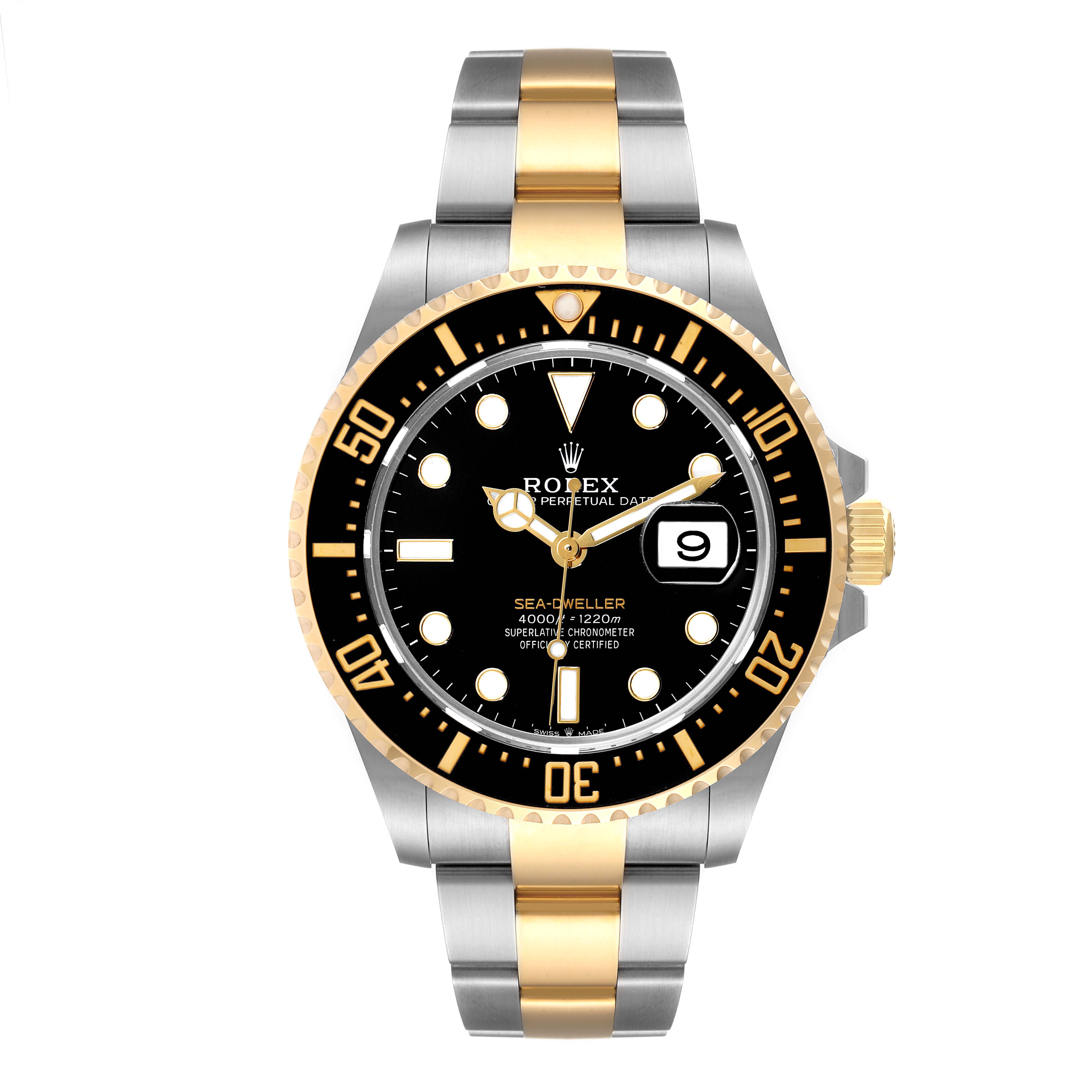The Rolex Sea-Dweller 126603 Men
s Steel and Gold (two tone) Black Dial 126603 Men
s Steel and Gold (two tone) Black Dial watch is shown from the front, displaying the face, bezel, bracelet, and crown.