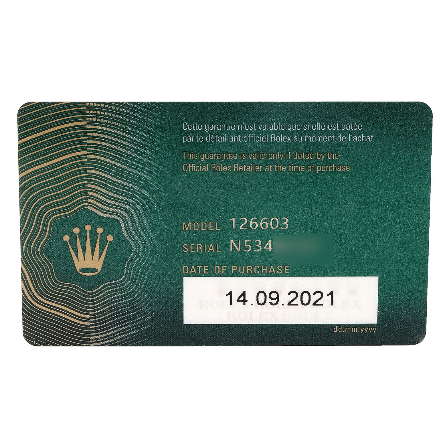 This image shows a warranty card for the Rolex Sea-Dweller 126603 Men
s Steel and Gold (two tone) Black Dial 126603 Men
s Steel and Gold (two tone) Black Dial model 126603 with purchase date 14.09.2021.