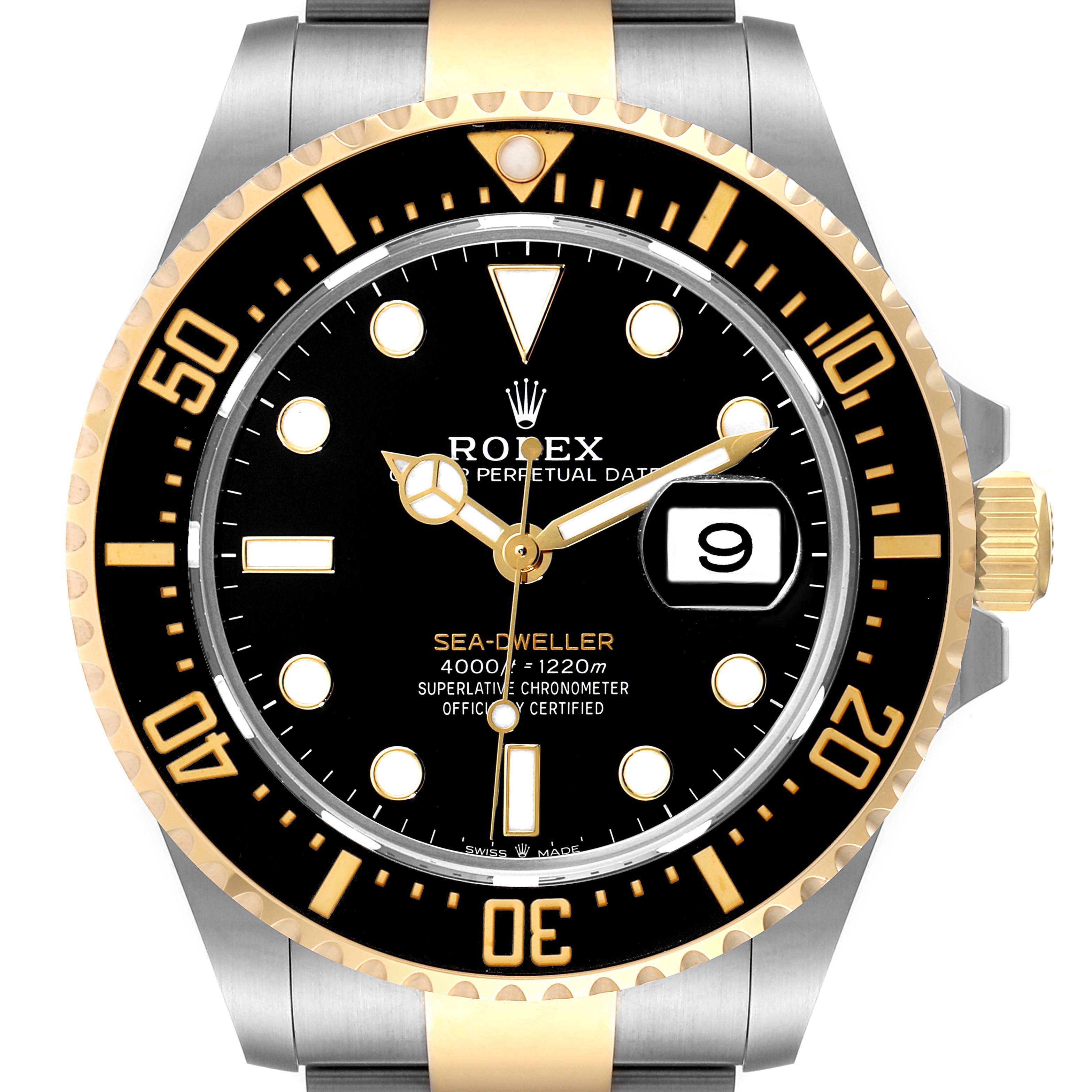 The image shows a front view of the Rolex Sea-Dweller 126603 Men
s Steel and Gold (two tone) Black Dial 126603 Men
s Steel and Gold (two tone) Black Dial watch, highlighting the dial, bezel, hands, and part of the bracelet.