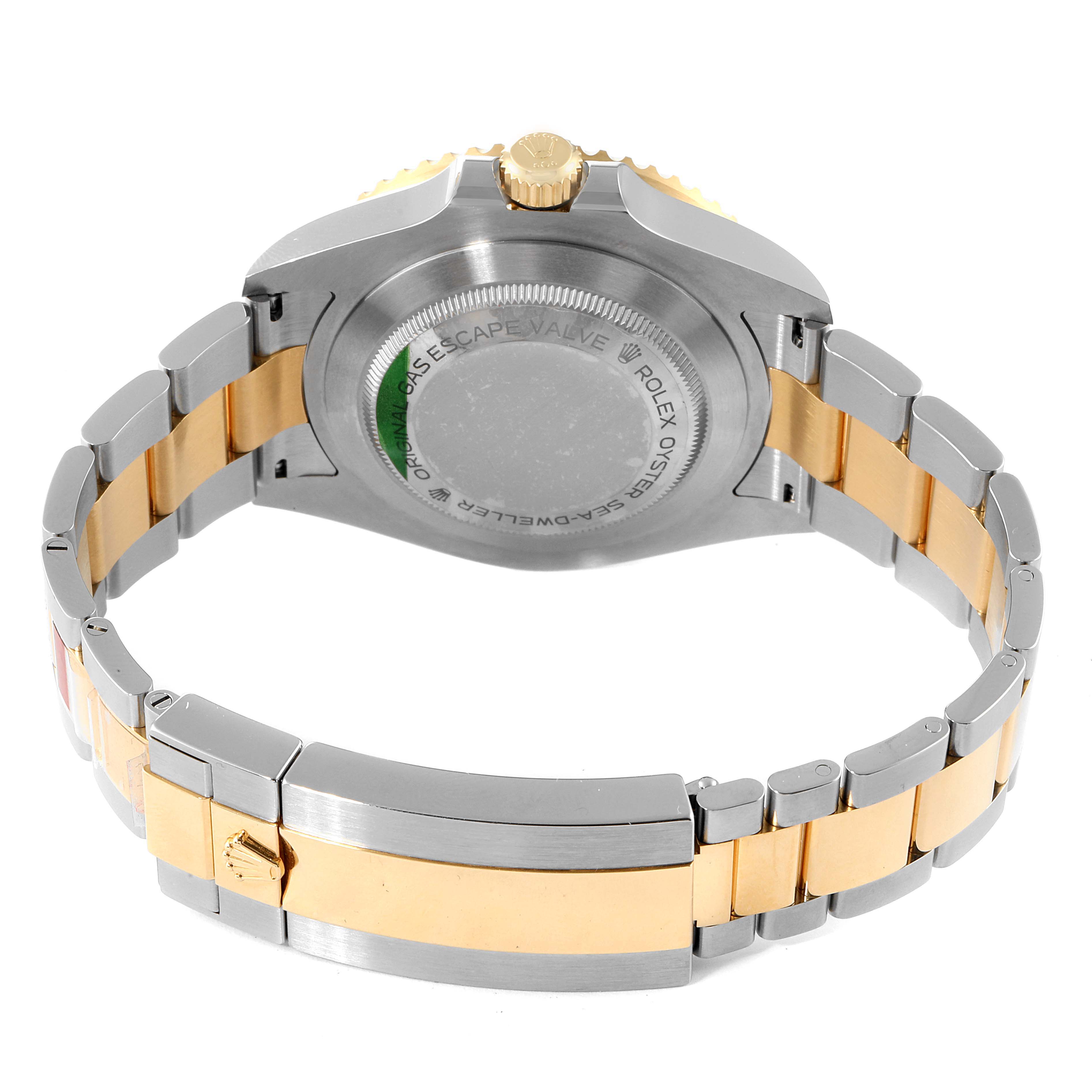 This image shows the back and bracelet of a Rolex Sea-Dweller 126603 Men
s Steel and Gold (two tone) Black Dial 126603 Men
s Steel and Gold (two tone) Black Dial watch from a rear angle.