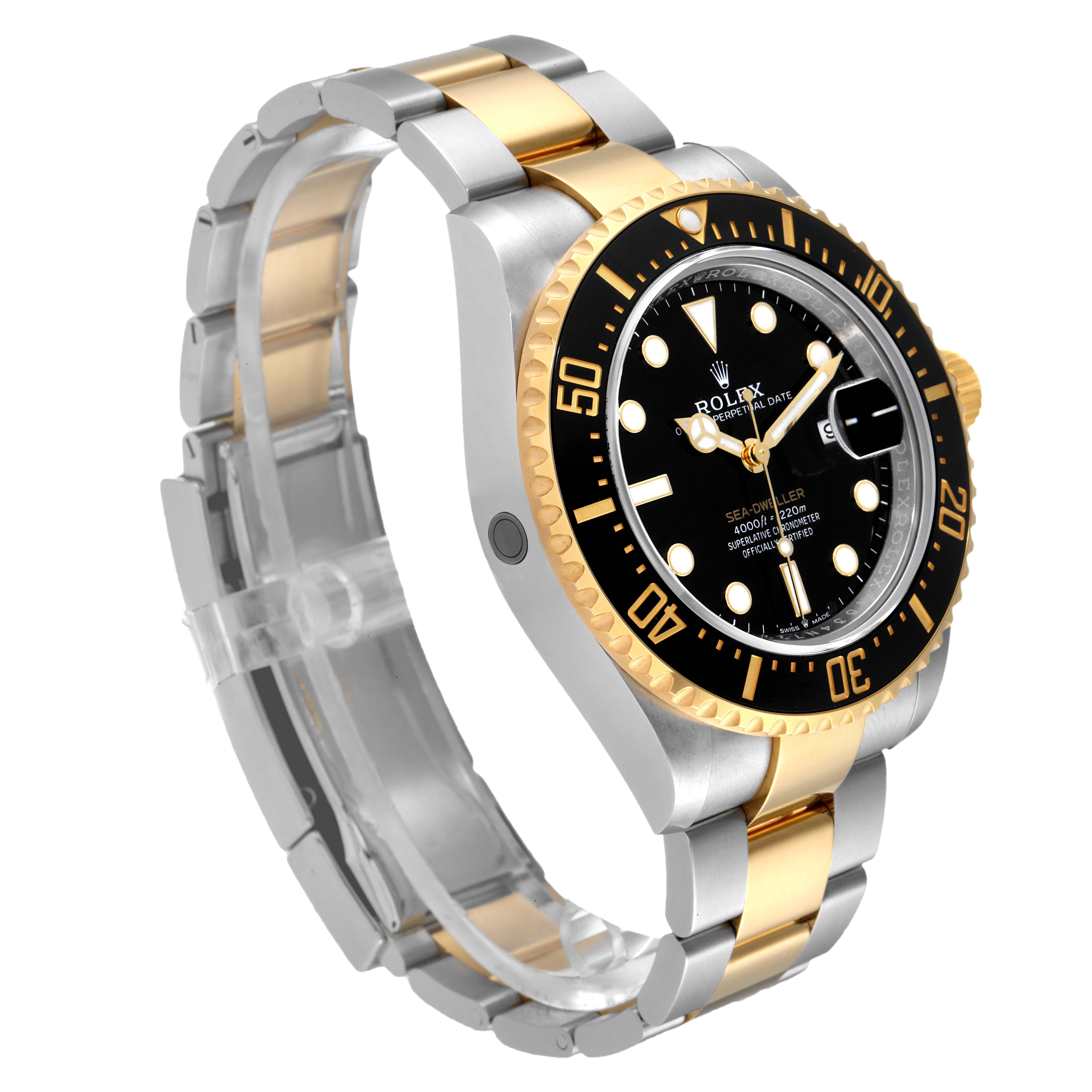 The Rolex Sea-Dweller 126603 Men
s Steel and Gold (two tone) Black Dial 126603 Men
s Steel and Gold (two tone) Black Dial watch is shown at an angle highlighting its face, bezel, crown, and two-tone bracelet.