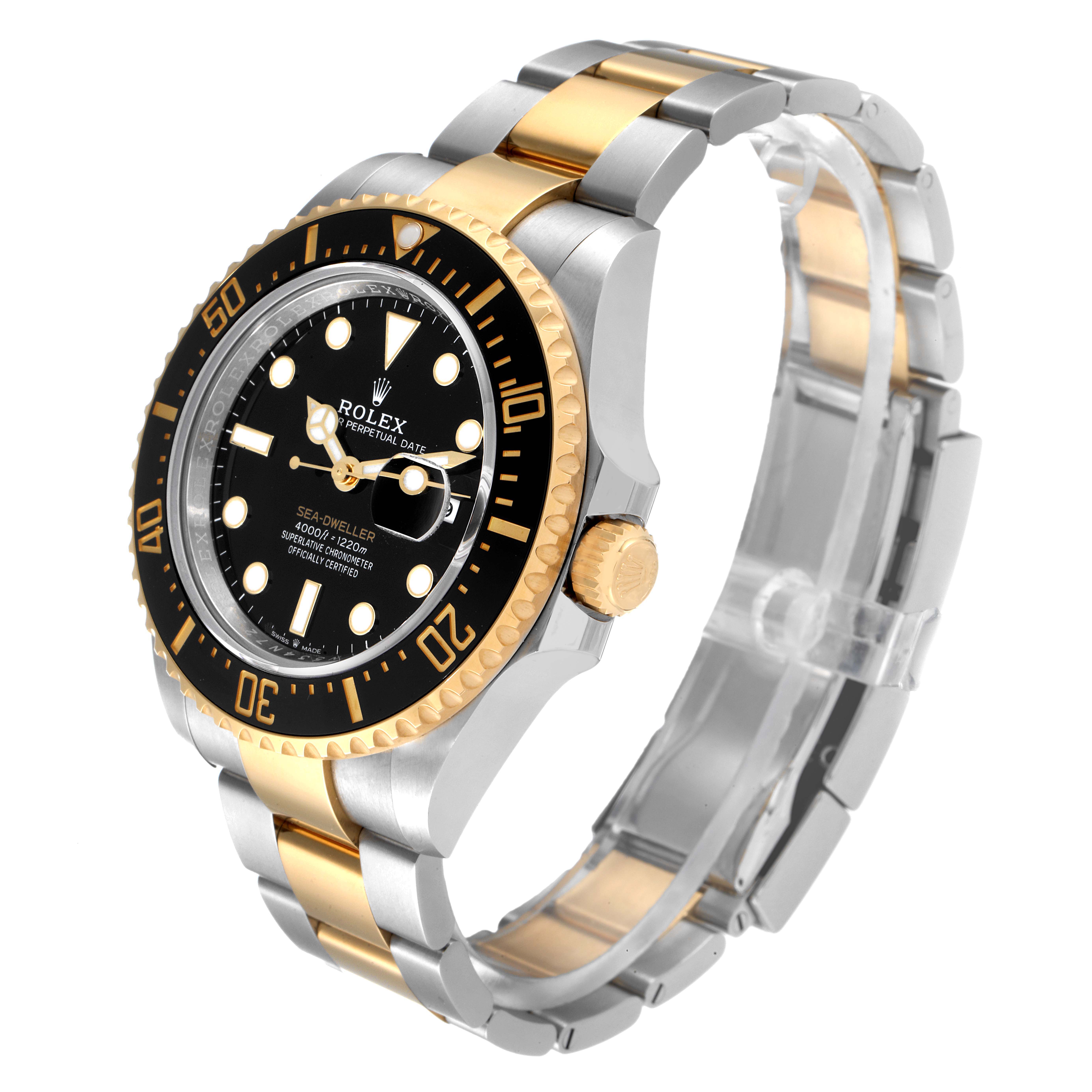 This image shows a Rolex Sea-Dweller 126603 Men
s Steel and Gold (two tone) Black Dial 126603 Men
s Steel and Gold (two tone) Black Dial watch at a three-quarter angle, highlighting the bezel, dial, and bracelet.