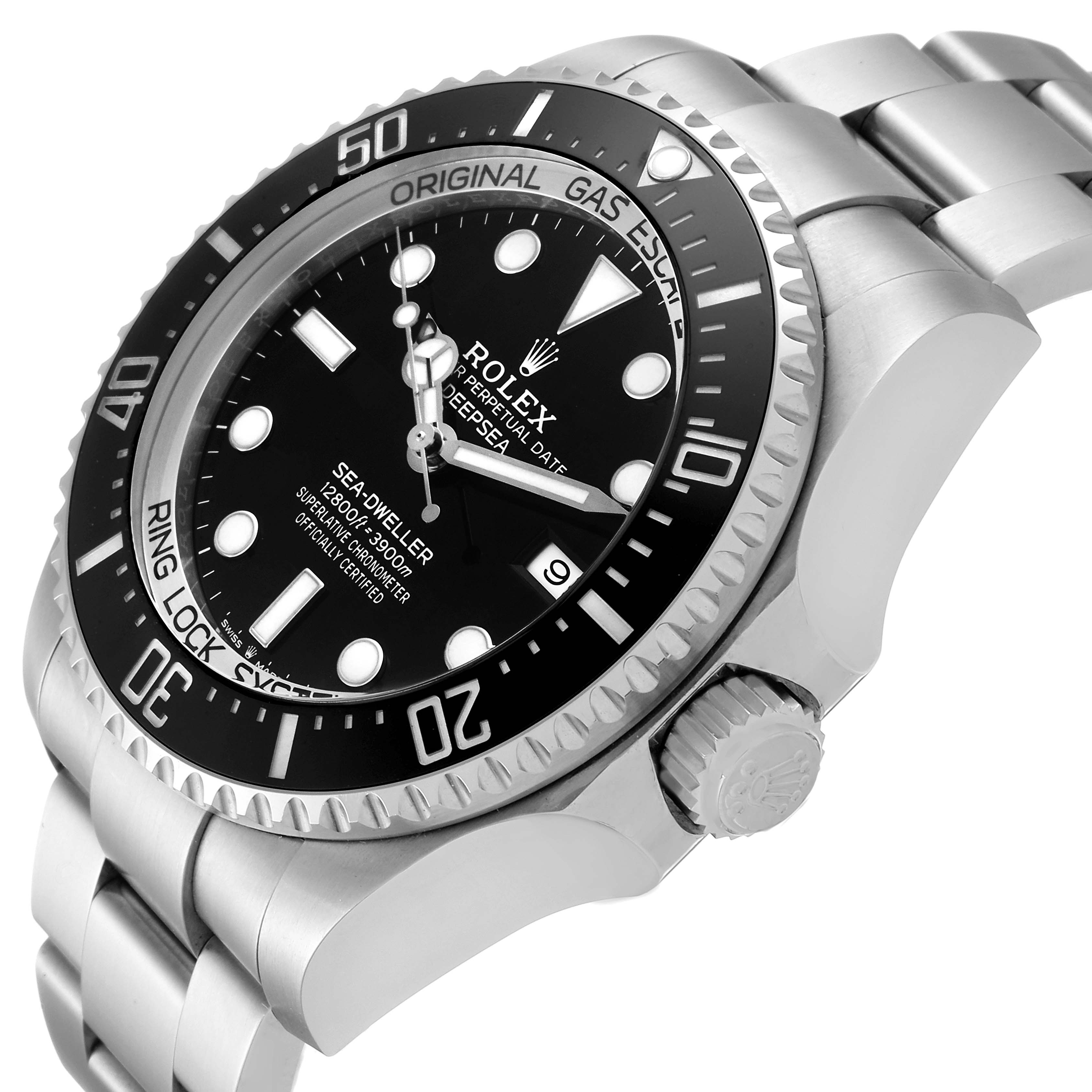 The image shows a Rolex Sea-Dweller 126660 Men
s Stainless Steel Black Dial 126660 Men
s Stainless Steel Black Dial watch at an angled close-up, highlighting the dial, bezel, crown, and part of the bracelet.