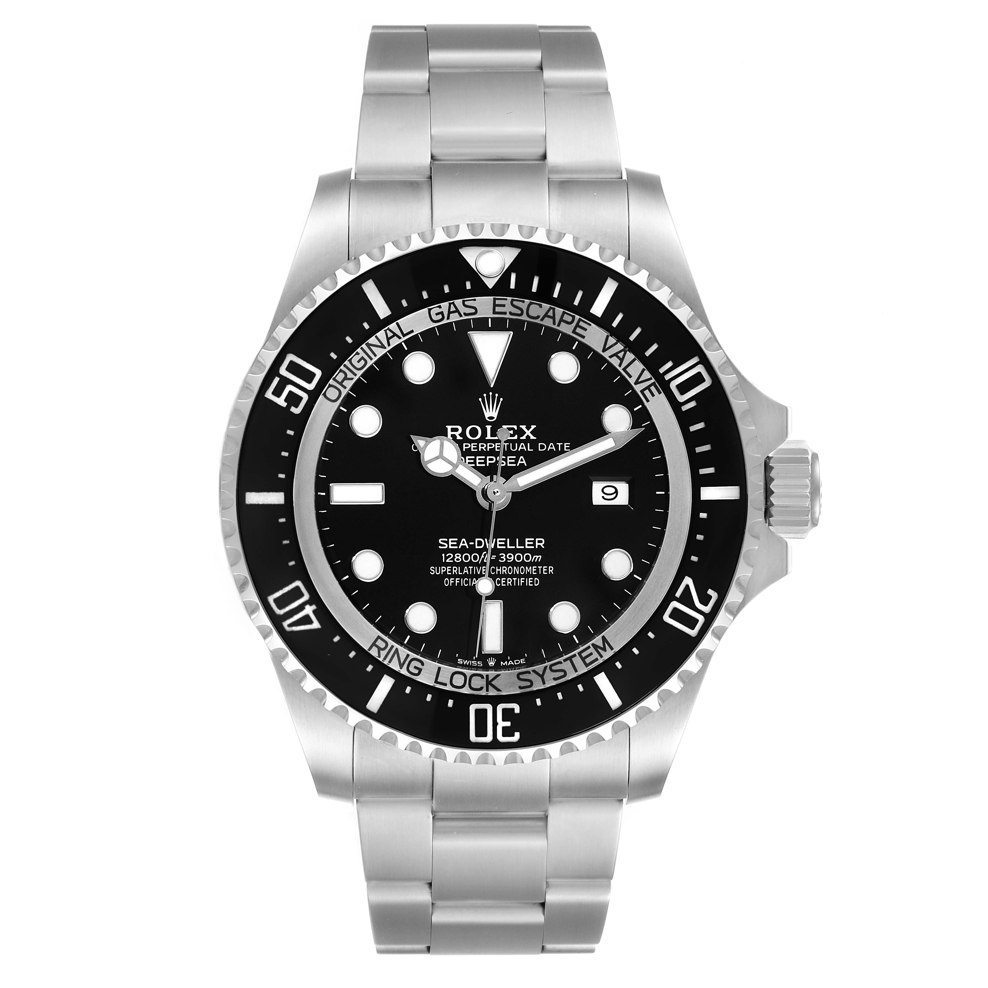 The image shows a frontal view of the Rolex Sea-Dweller 126660 Men
s Stainless Steel Black Dial 126660 Men
s Stainless Steel Black Dial watch, highlighting the dial, bezel, and bracelet.