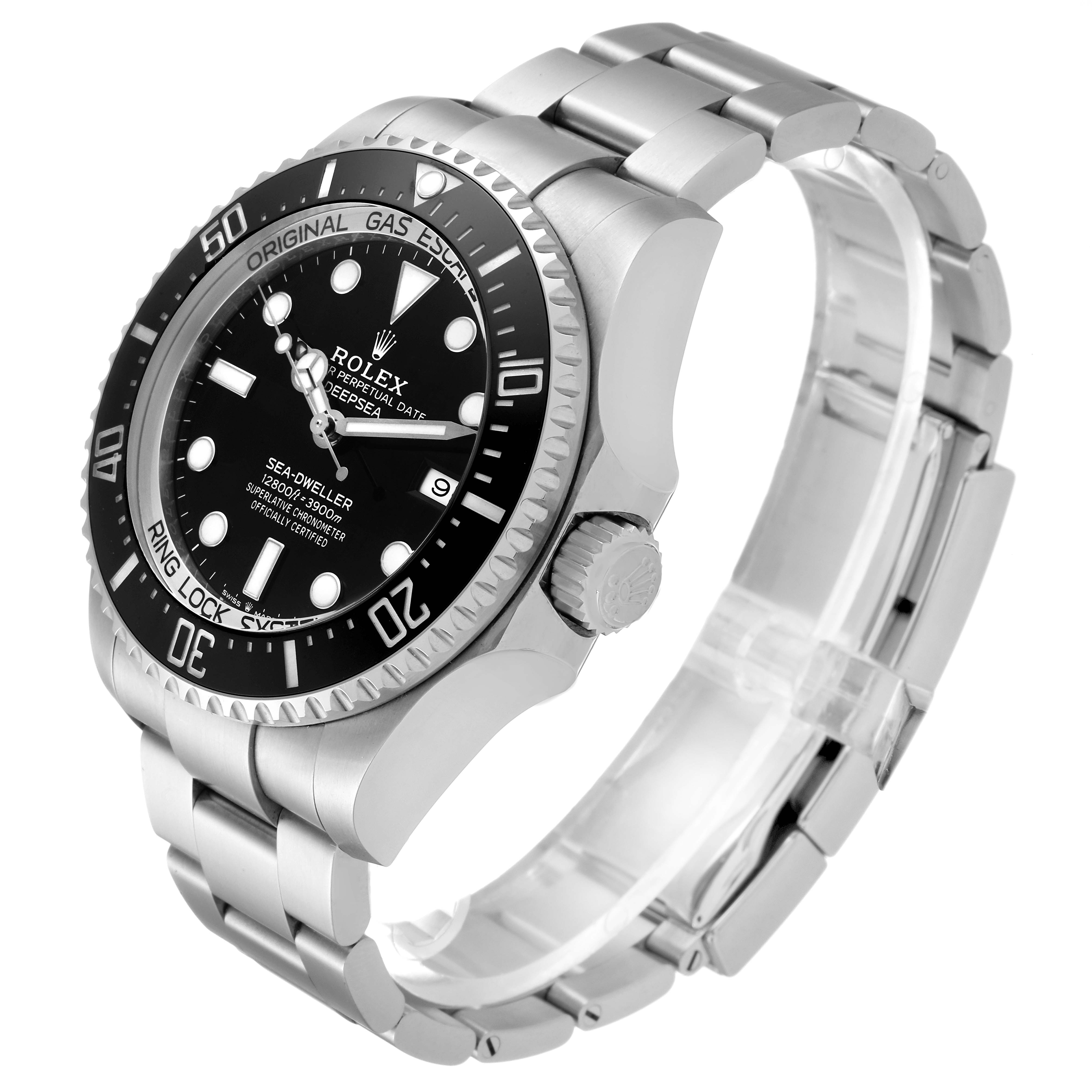 The image shows a side angle of the Rolex Sea-Dweller 126660 Men
s Stainless Steel Black Dial 126660 Men
s Stainless Steel Black Dial watch, highlighting its bezel, dial, crown, and metal bracelet.