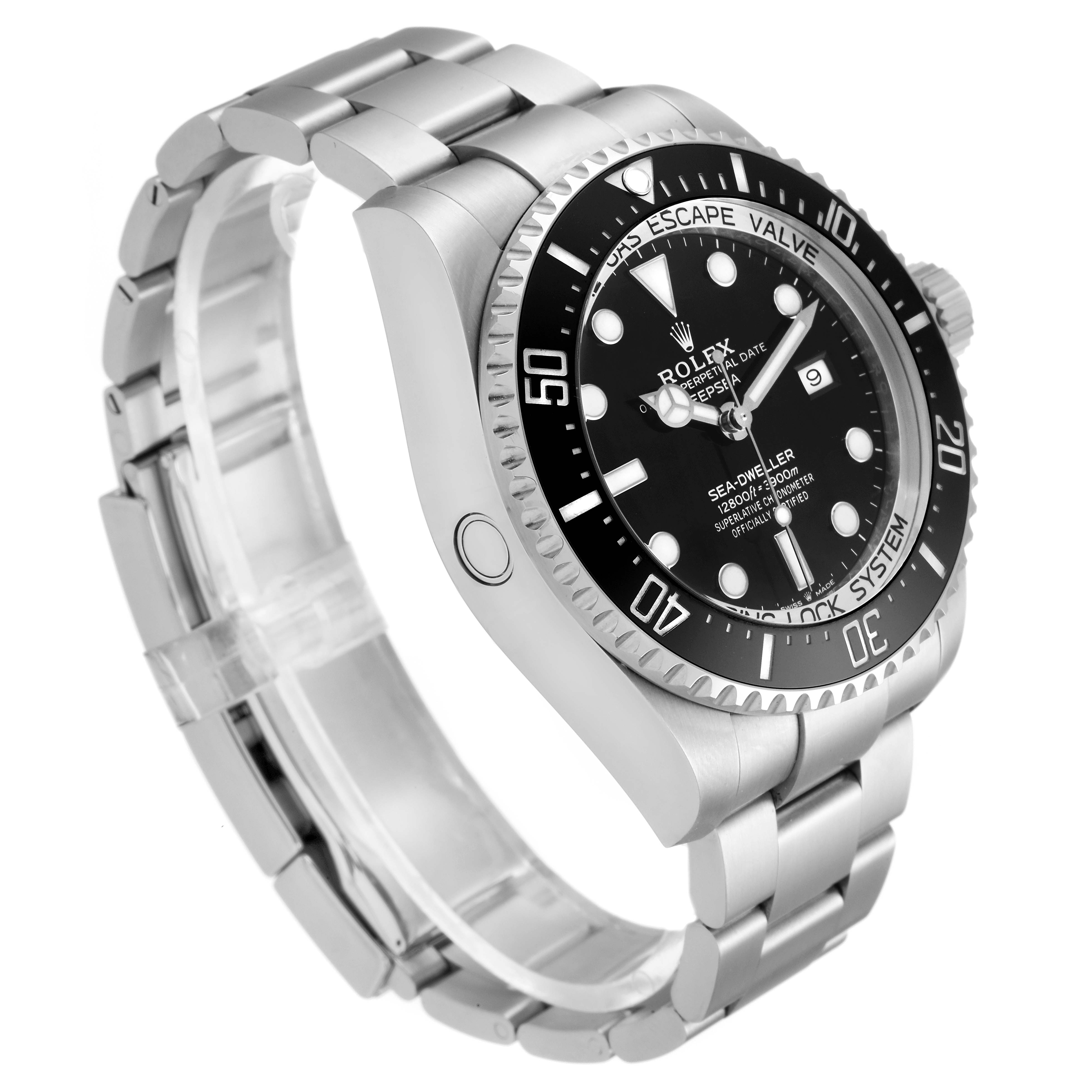 This image shows a Rolex Sea-Dweller 126660 Men
s Stainless Steel Black Dial 126660 Men
s Stainless Steel Black Dial watch at an oblique angle, highlighting the face, bezel, and stainless steel bracelet.