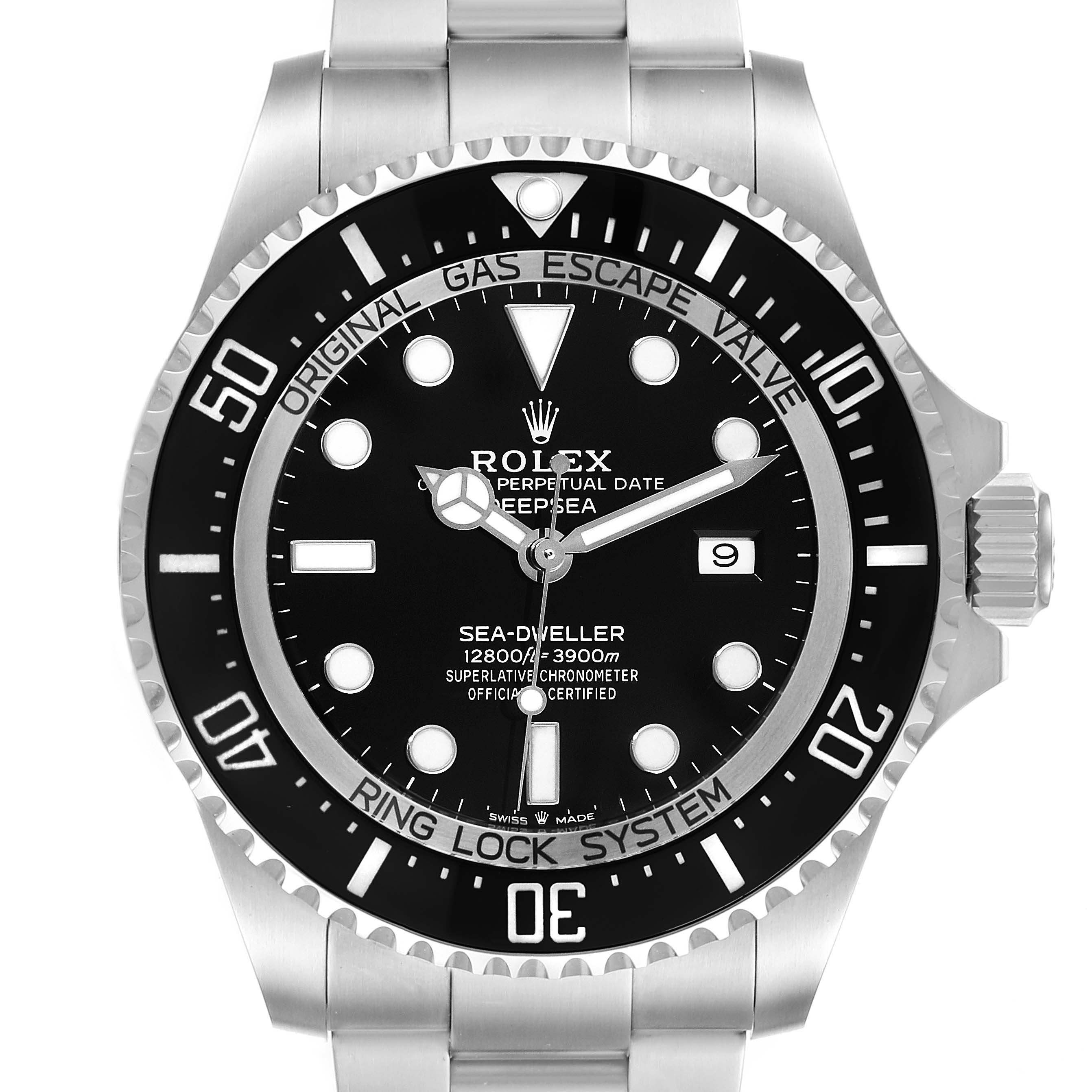 The image shows a front view of a Rolex Sea-Dweller 126660 Men
s Stainless Steel Black Dial 126660 Men
s Stainless Steel Black Dial Deepsea, highlighting its black dial, bezel, and bracelet.