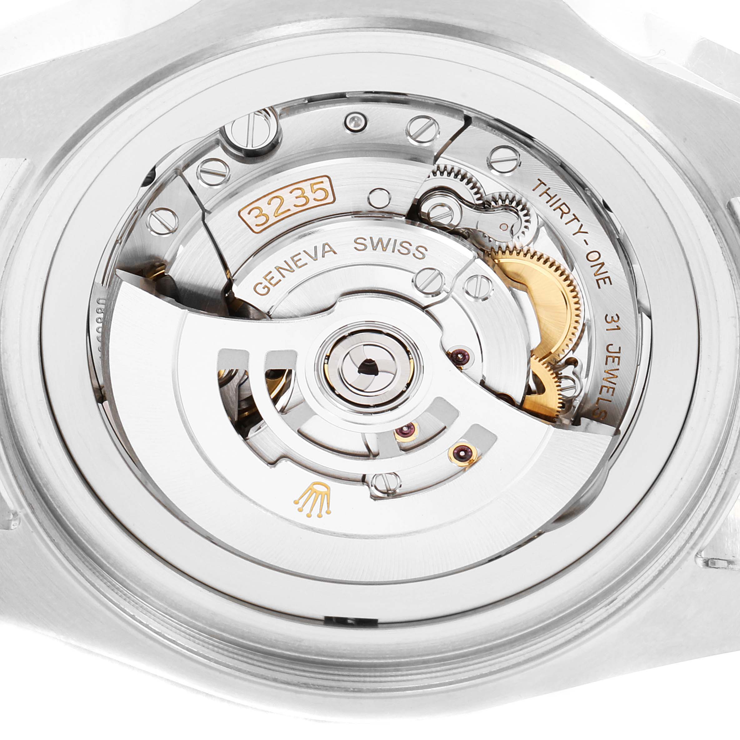 The image shows the Rolex Sea-Dweller 126660 Men
s Stainless Steel Black Dial 126660 Men
s Stainless Steel Black Dial watch
s movement mechanism from a rear angle.