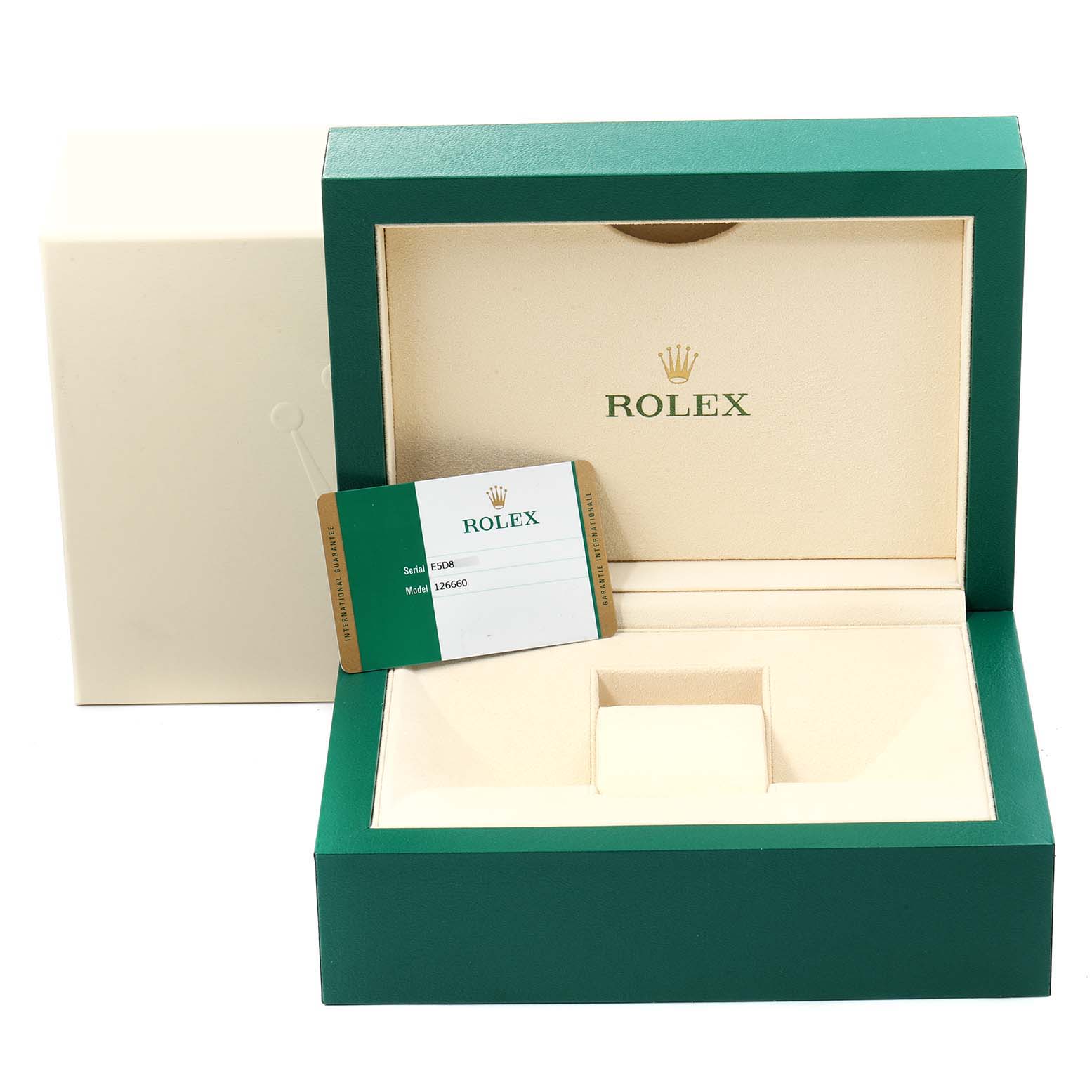 The image shows an open green Rolex box for the Sea-Dweller model, with the model
s identification card displayed inside.