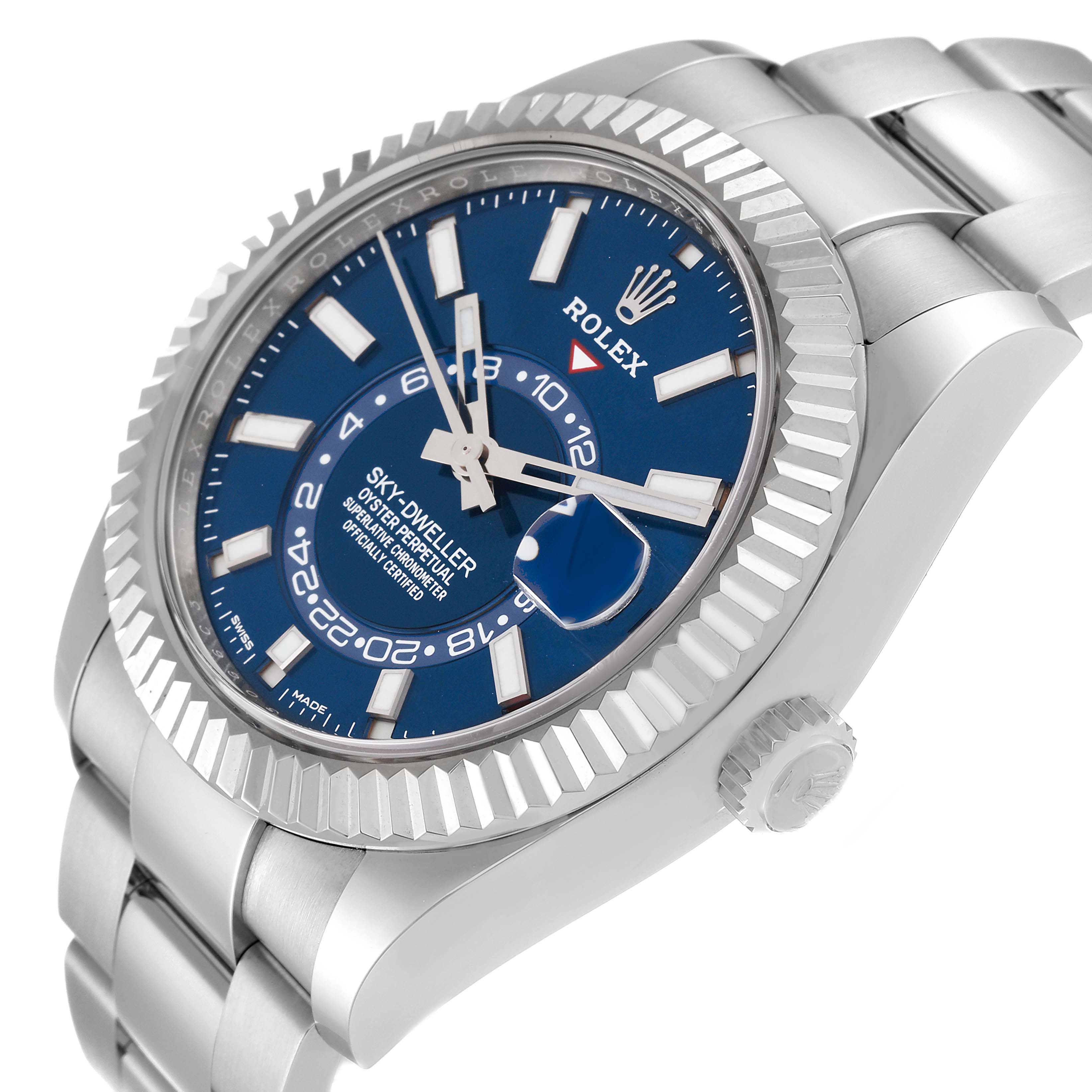 The image shows a Rolex Sky-Dweller 326934 Men's Stainless Steel Blue Dial 326934 Men's Stainless Steel Blue Dial watch from an angled side view, highlighting its blue dial, fluted bezel, and stainless steel bracelet.