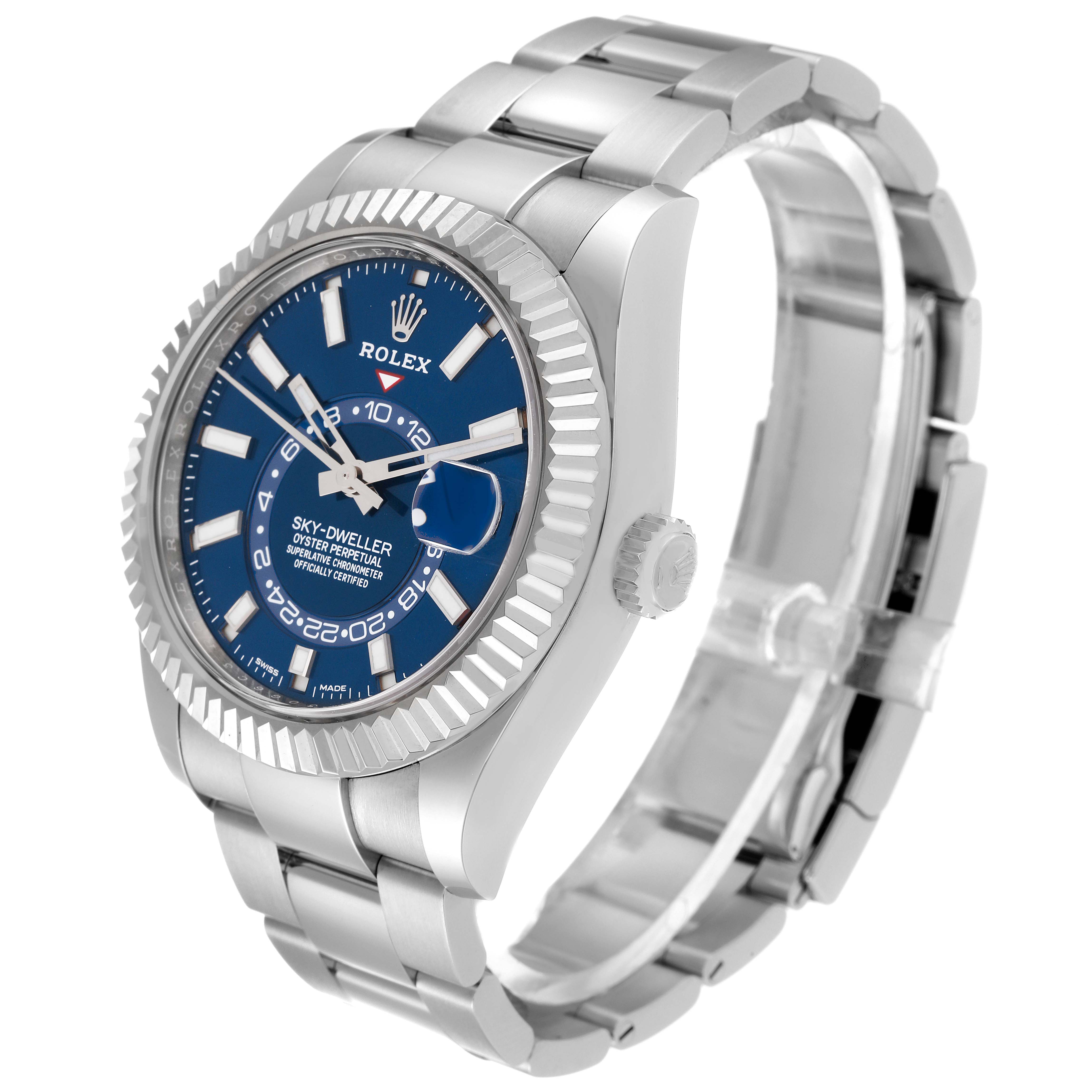 The image shows a side angle of a Rolex Sky-Dweller 326934 Men's Stainless Steel Blue Dial 326934 Men's Stainless Steel Blue Dial watch, highlighting the dial, bezel, crown, and bracelet.