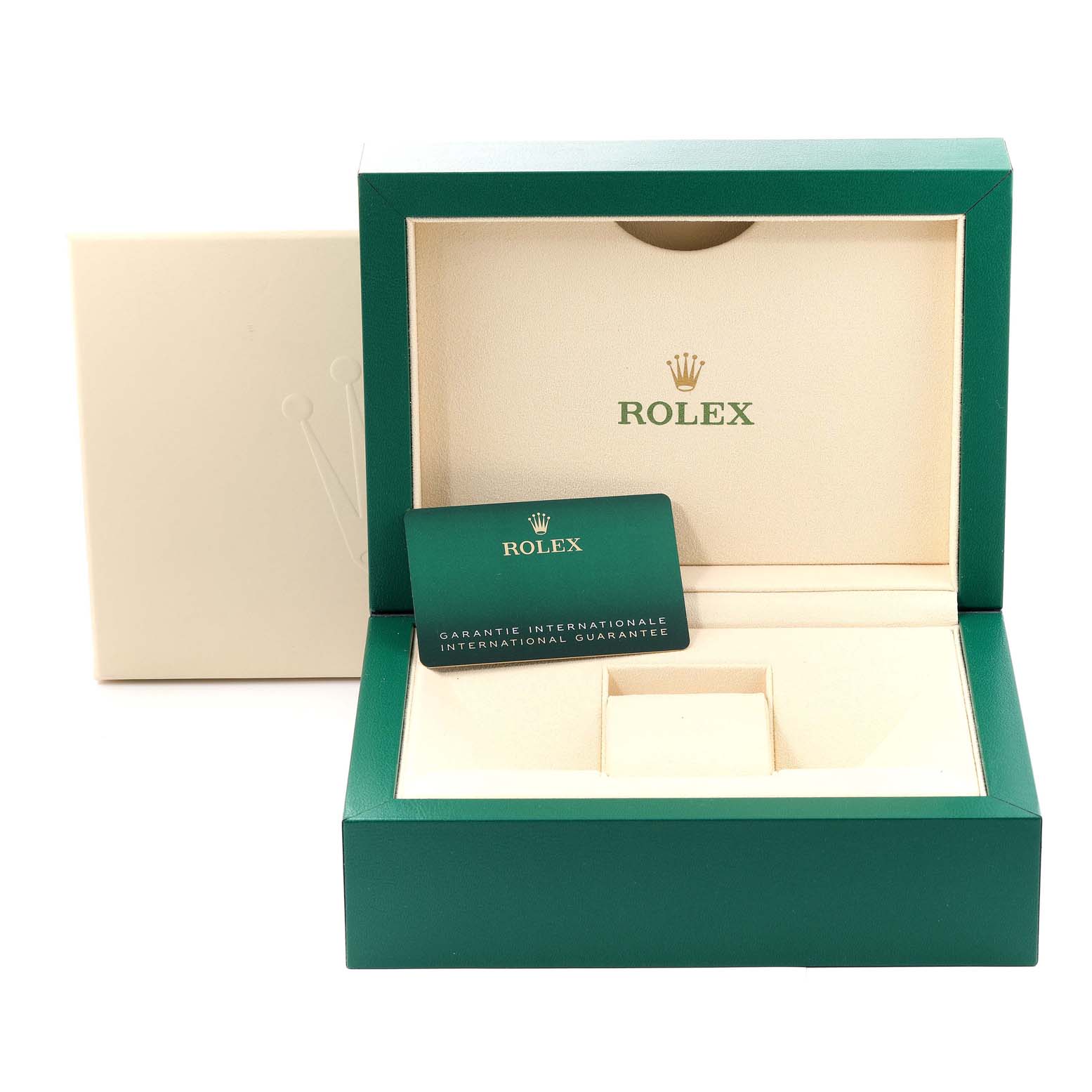 The image shows a Rolex Sky-Dweller 326934 Men's Stainless Steel Blue Dial 326934 Men's Stainless Steel Blue Dial box with an international guarantee card inside.